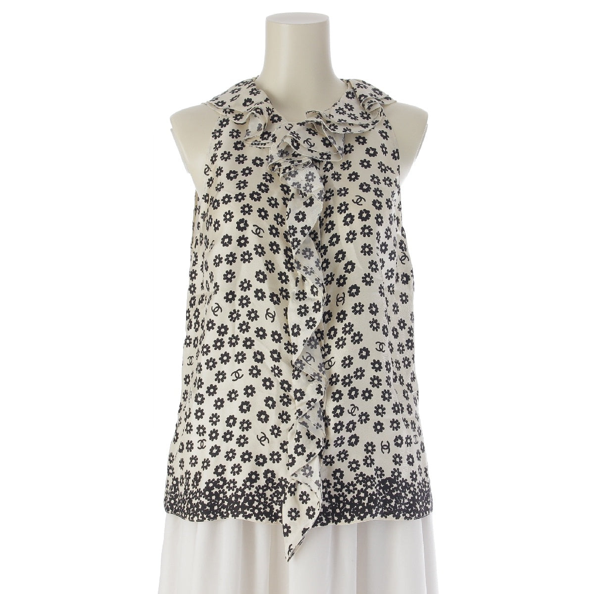 CHANEL silk COCO Mark Camellia Flower Floral Ruffle Sleeveless blouse Shirt tops P72306 white 38