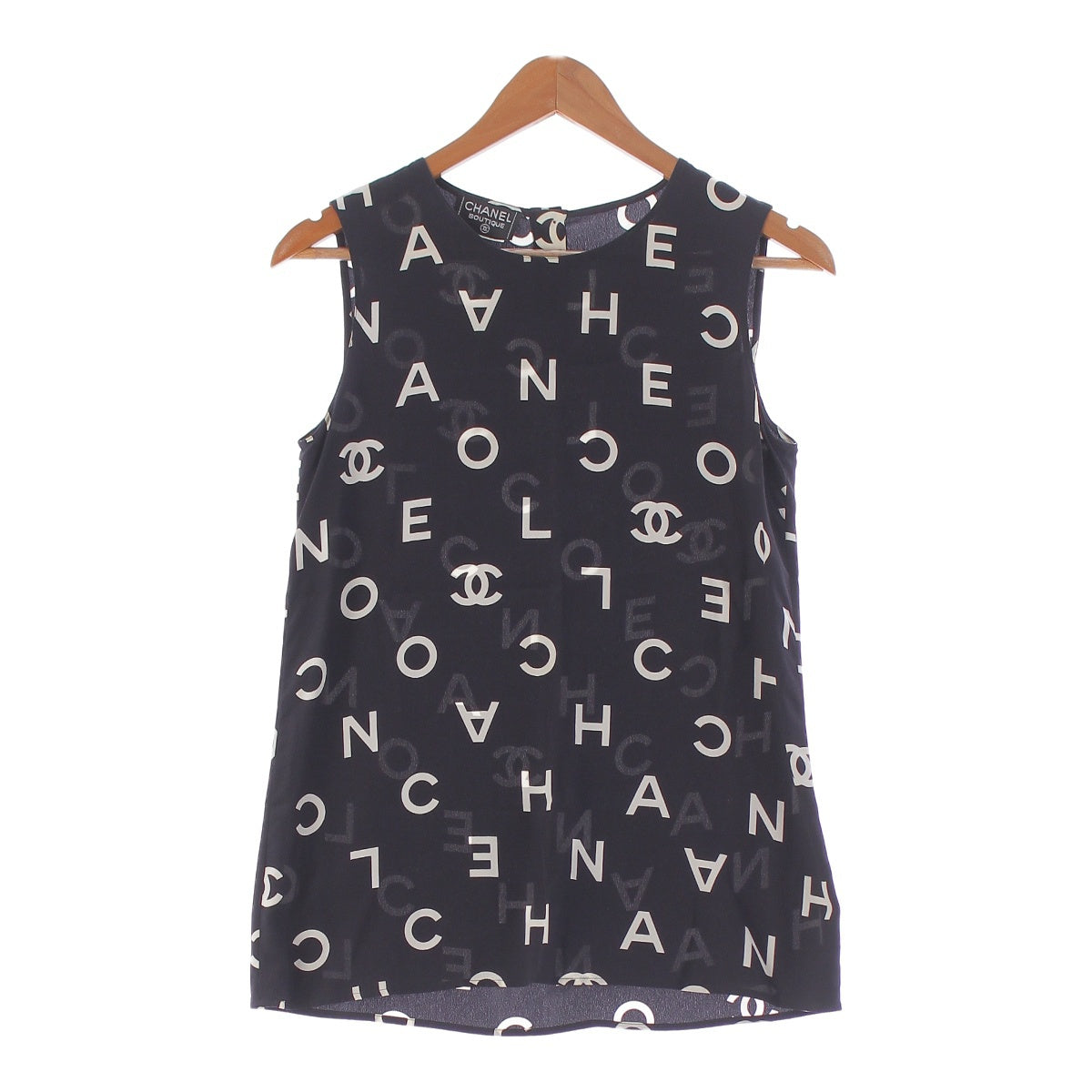 CHANEL 97P silk COCO Mark logo all-over print sleeveless blouse Cut Top black