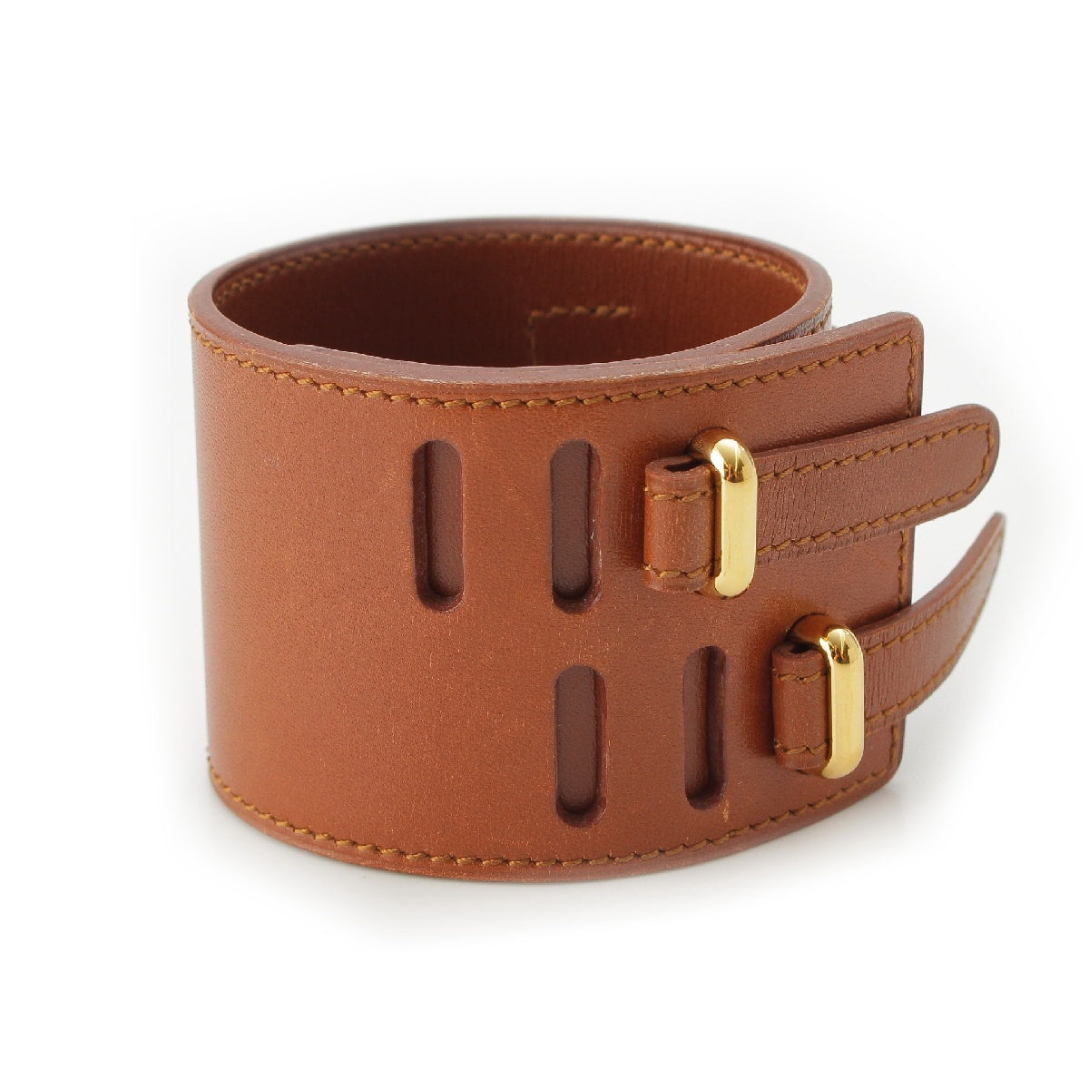 HERMES □ F marking leather Gold Metal Belt bracelet Bangle Brown