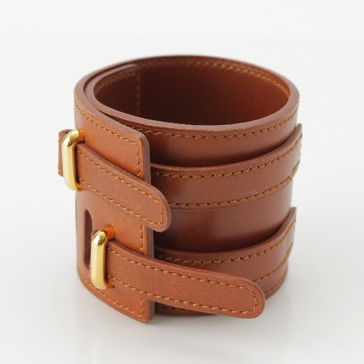 HERMES □ F marking leather Gold Metal Belt bracelet Bangle Brown