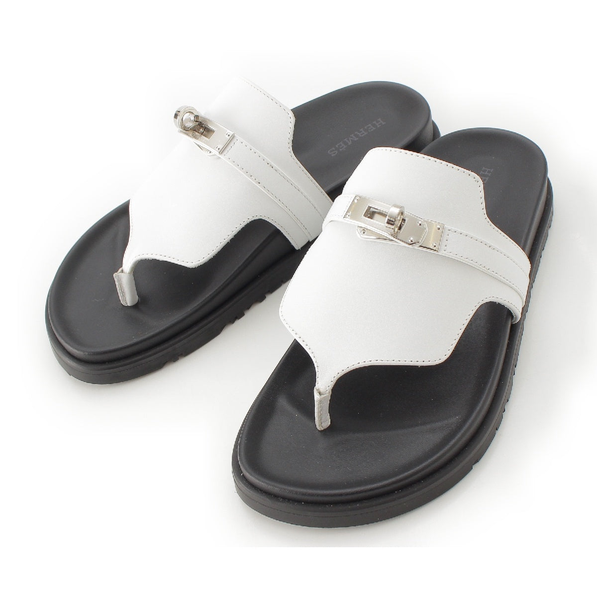 HERMES Unpeel leather SilverMetal KellyMetal Sandals shoes White black 35