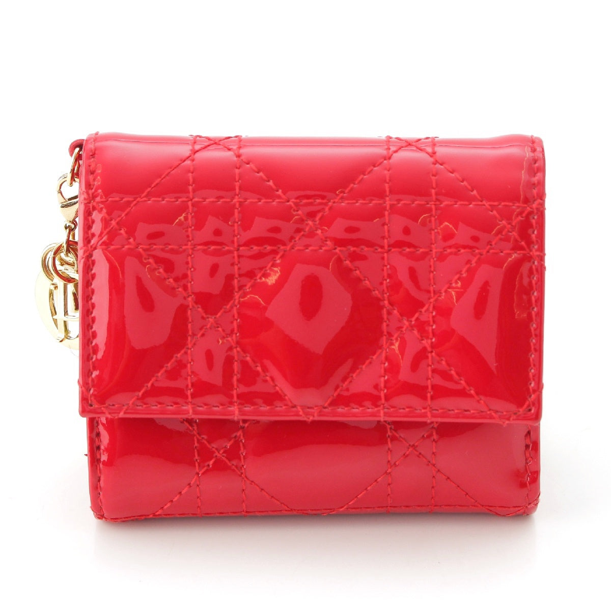 Christian Dior Patent leather Lady Dior Lotus Tri-fold wallet Compact wallet Red