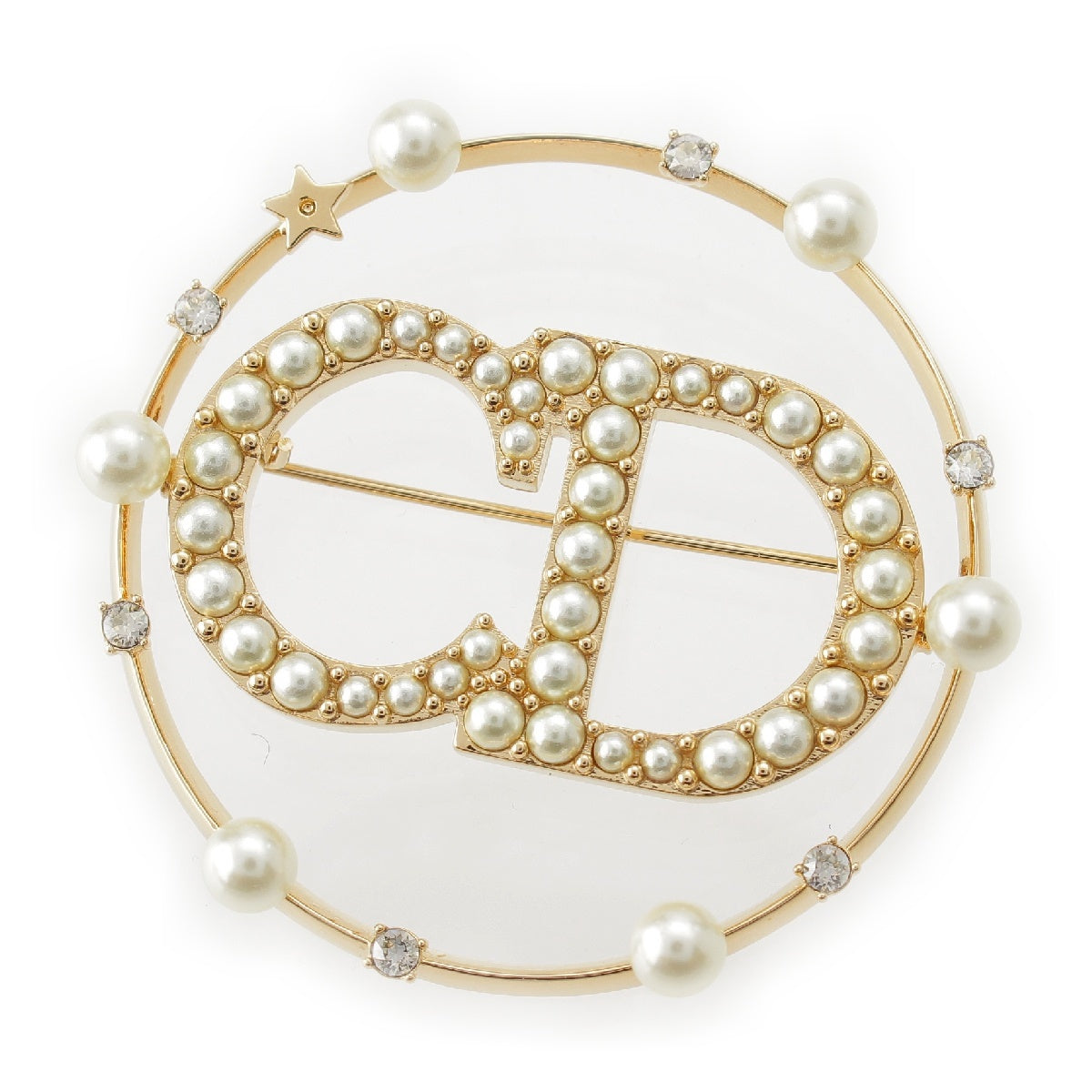 Christian Dior Clairdilune Circle Pearl CD Logo Rhinestone Bijou Brooch Accessories gold