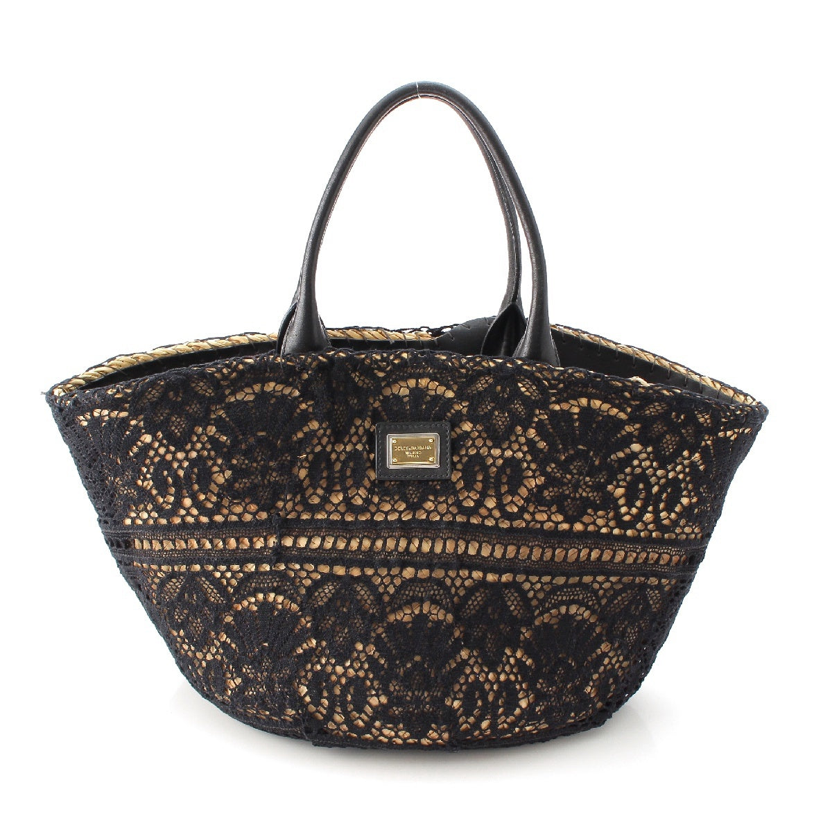 DOLCE&GABBANA Leather straw race Tote Bag Basket bag Black natural