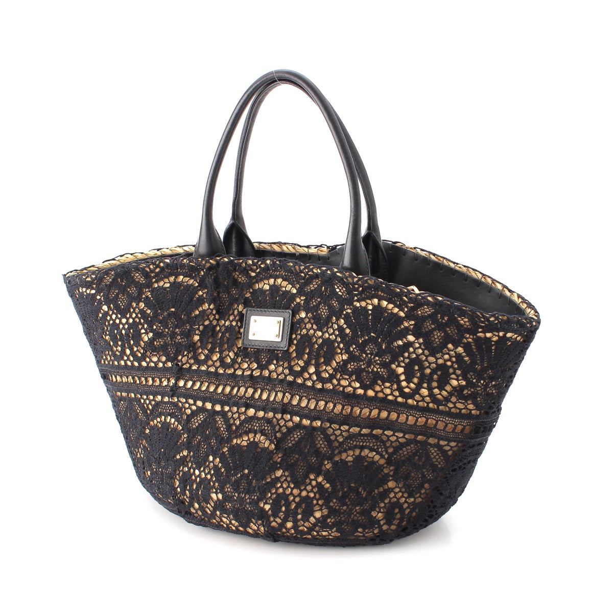 DOLCE&GABBANA Leather straw race Tote Bag Basket bag Black natural