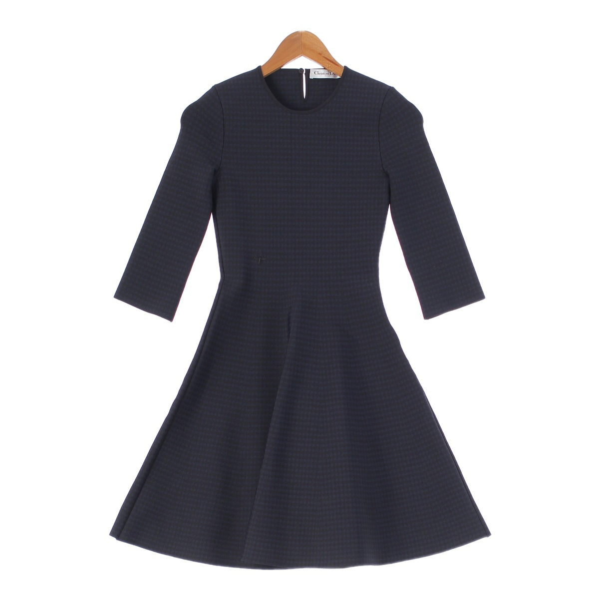 Christian Dior Viscose Jersey Bee embroidery, houndstooth pattern, 3/4 length, flare dress one piece 044R10AM501 Black navy 34