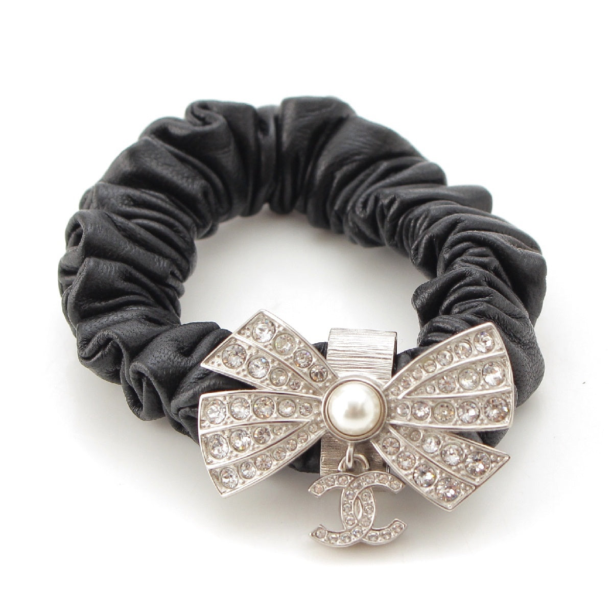 CHANEL A22P Lambskin leather Ribbon COCO Mark Swing Rhinestone hair accessory Scrunchie Rubber Band SilverMetal black