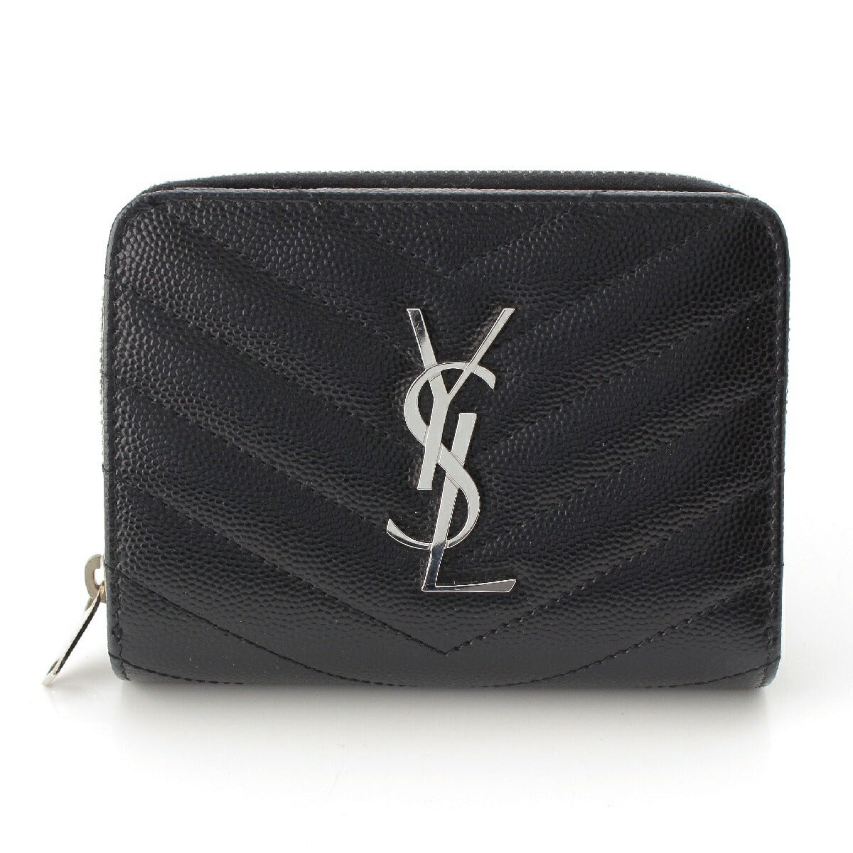 Saint Laurent V-stitch YSL logo leather compact wallet GUE403723 Black [Used] [Authentic product guaranteed]