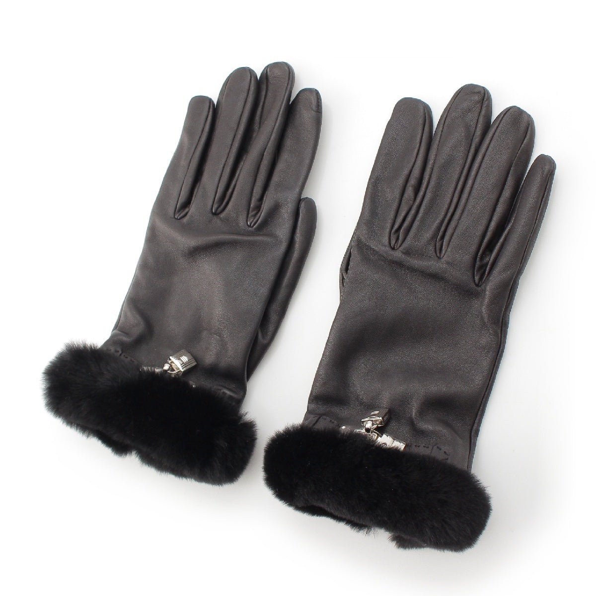 HERMES Lambskin Fur Kelly cadena Glove gloves SilverMetal black 7