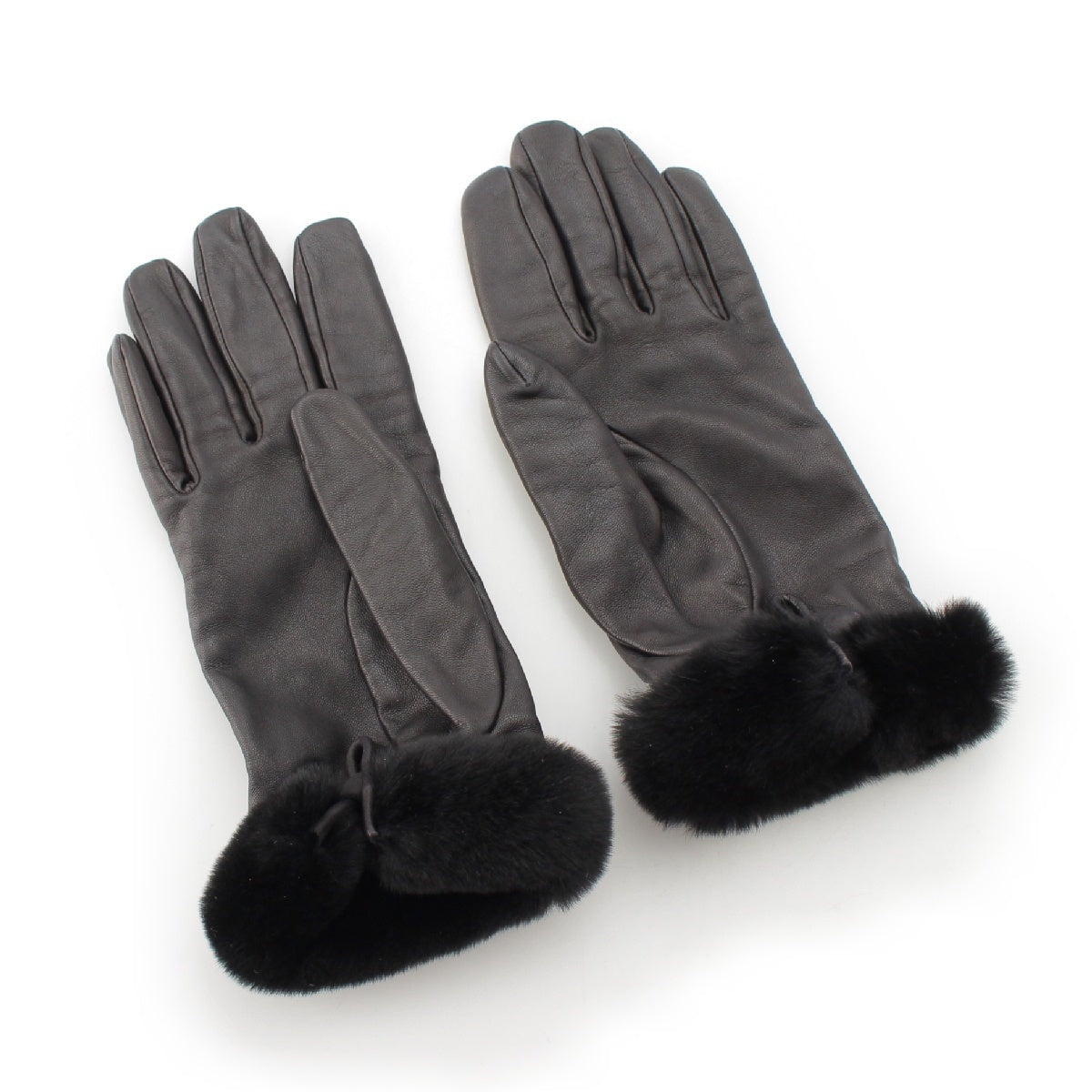 HERMES Lambskin Fur Kelly cadena Glove gloves SilverMetal black 7