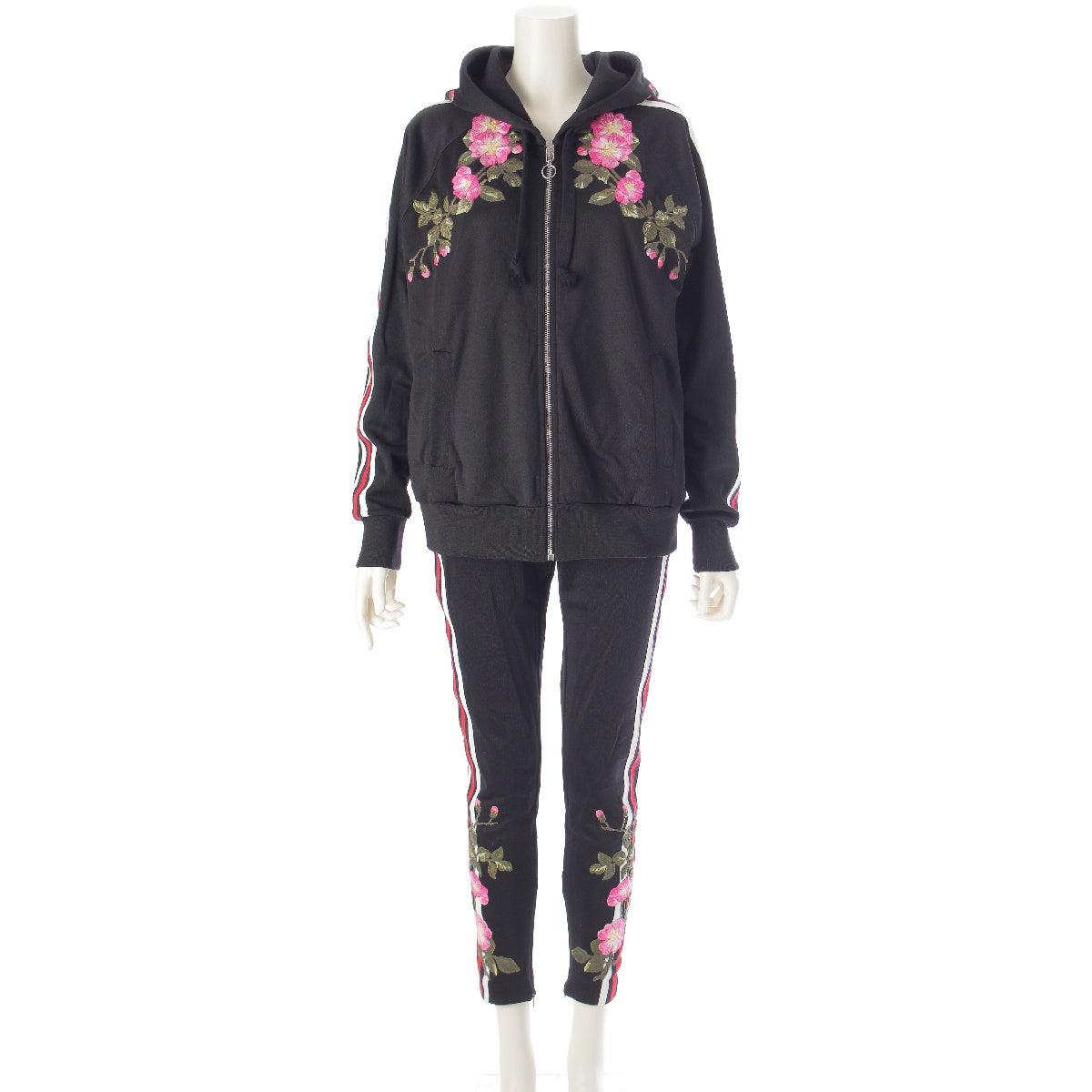 GUCCI Sherry line Cotton blend floral flower Pants setup Zip hoodie 472245／467527 black XS