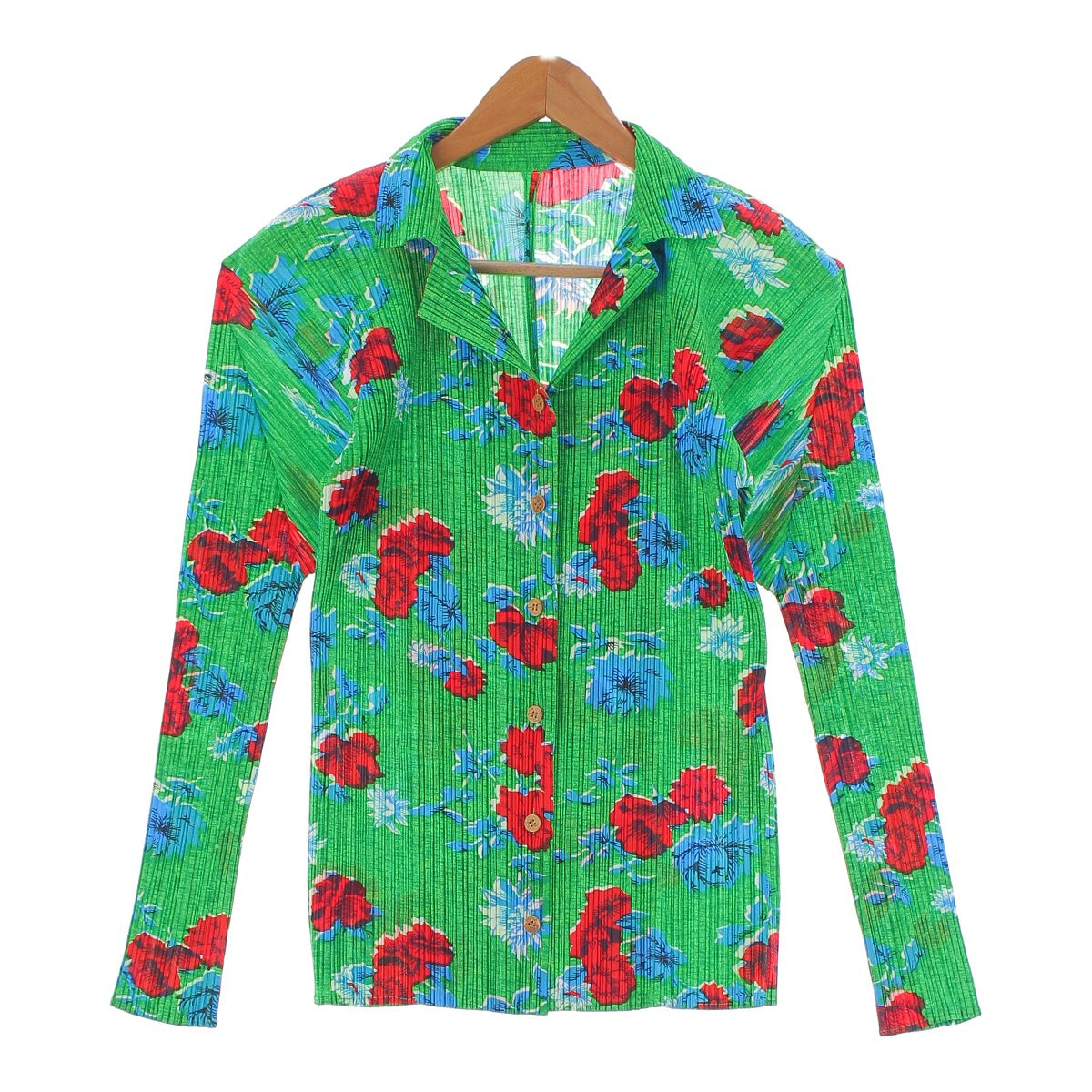 PLEATS PLEASE ISSEY  polyester Floral pattern Total pattern Long sleeve shirt PP72-JK524 Green-based multi-color 3