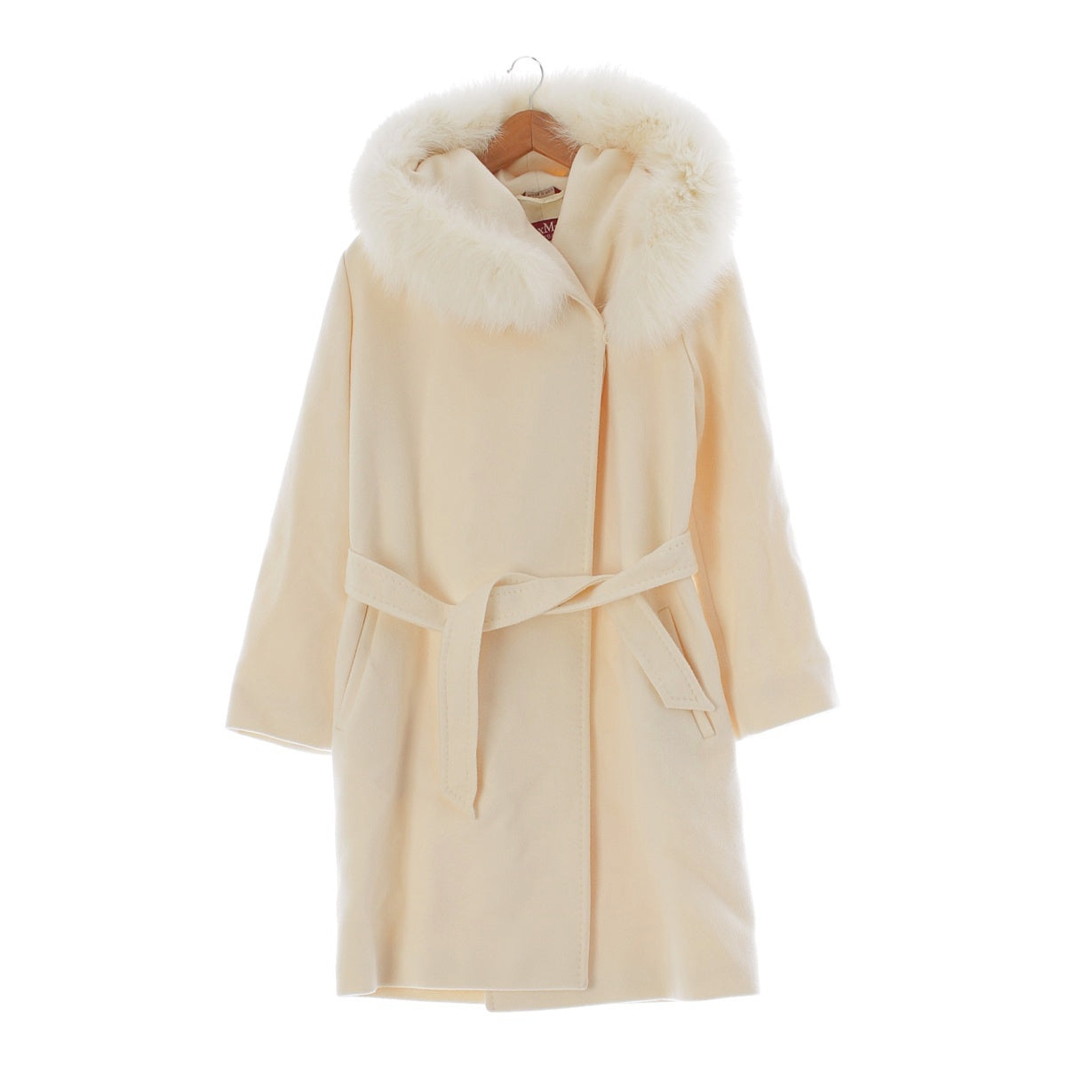 MAXMARA STUDIO wool fur hood belt outer Gown Outerwear 601609096  Ivory 38