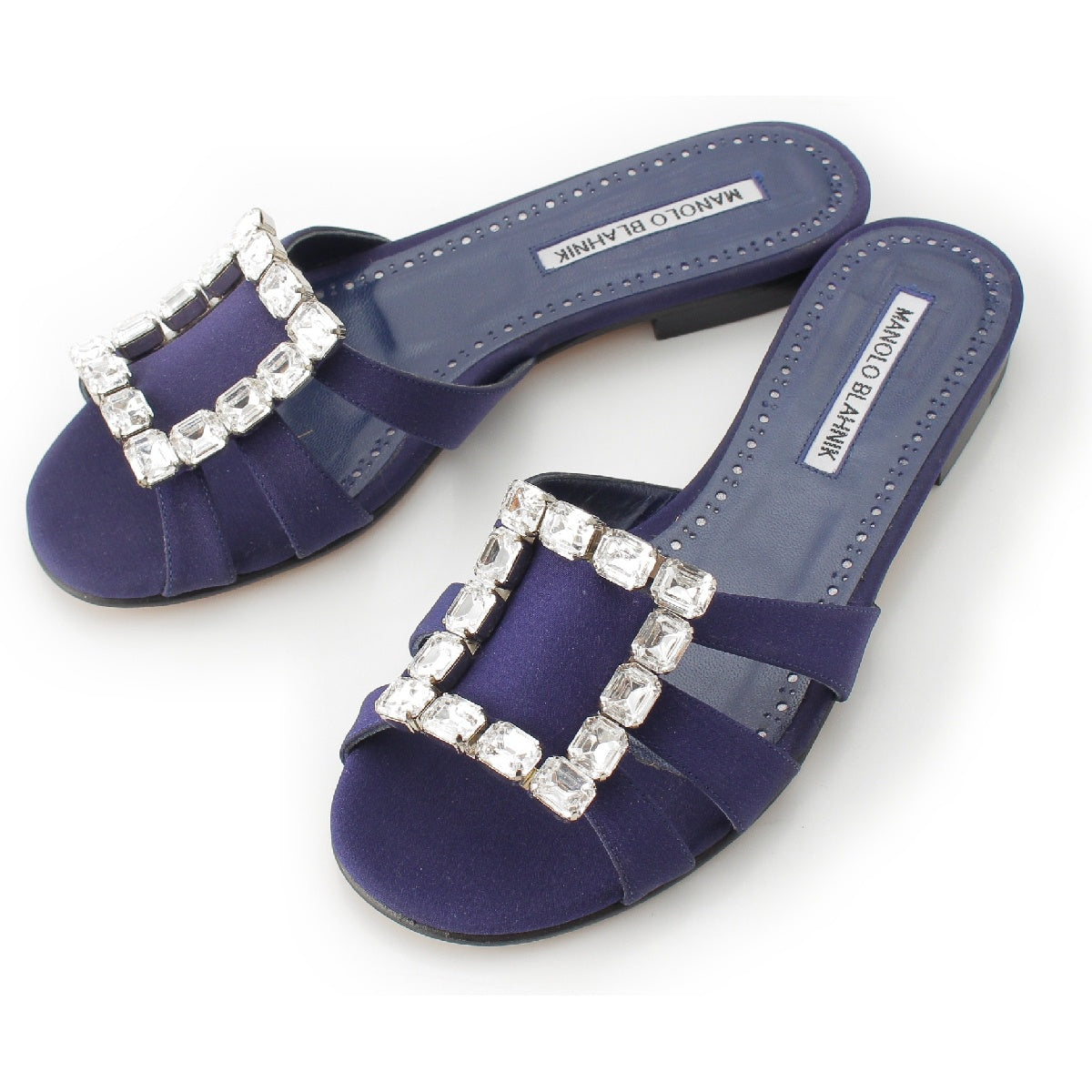 MANOLO BLAHNIK ILUNAFLAT Jewel Buckle Flat Sandals Mule 120-0936-0004 Navy 36