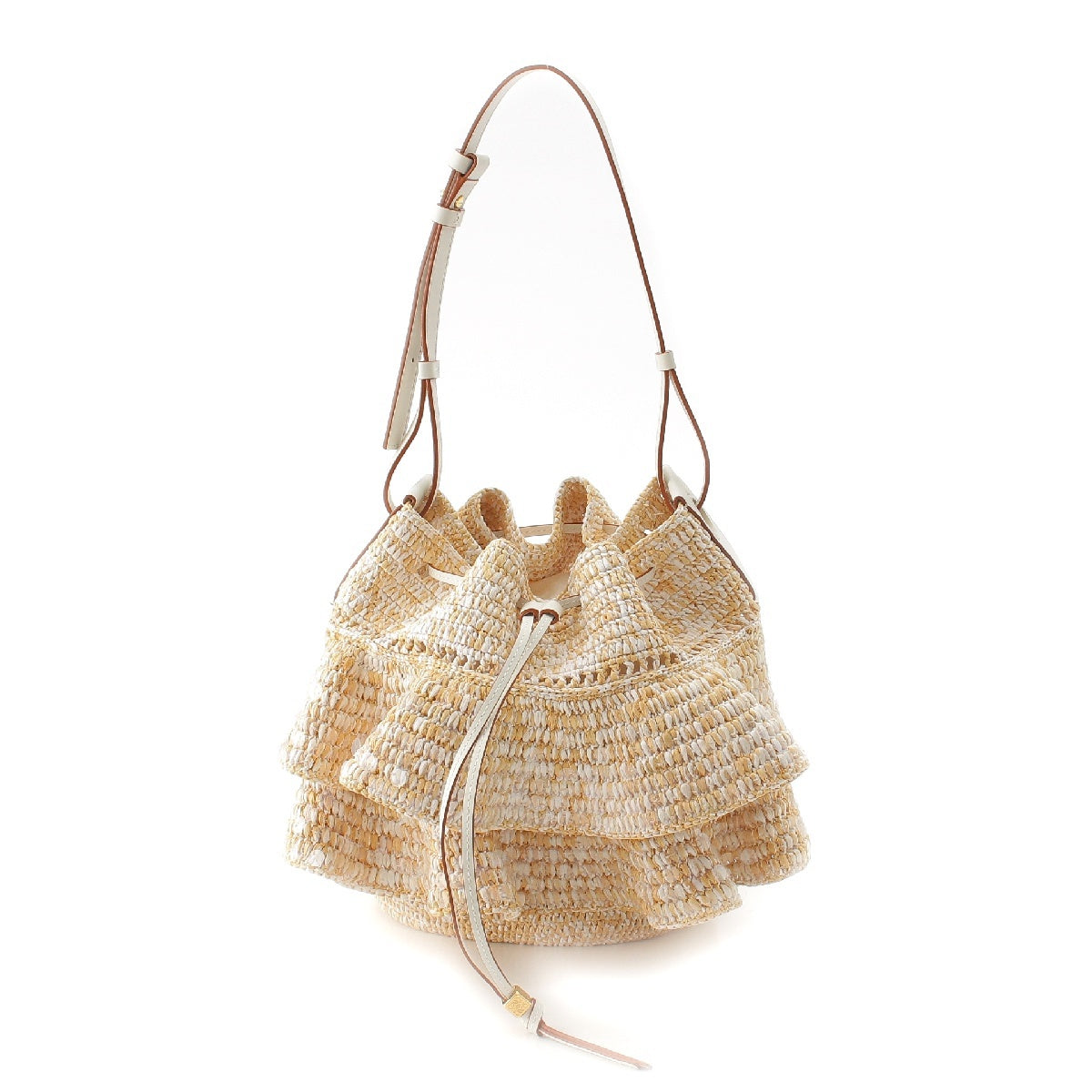 LOEWE BALLOON RUFFLES Raffia Tiered drawstring Shoulder Bag Basket bag A710P83X02  Beige white