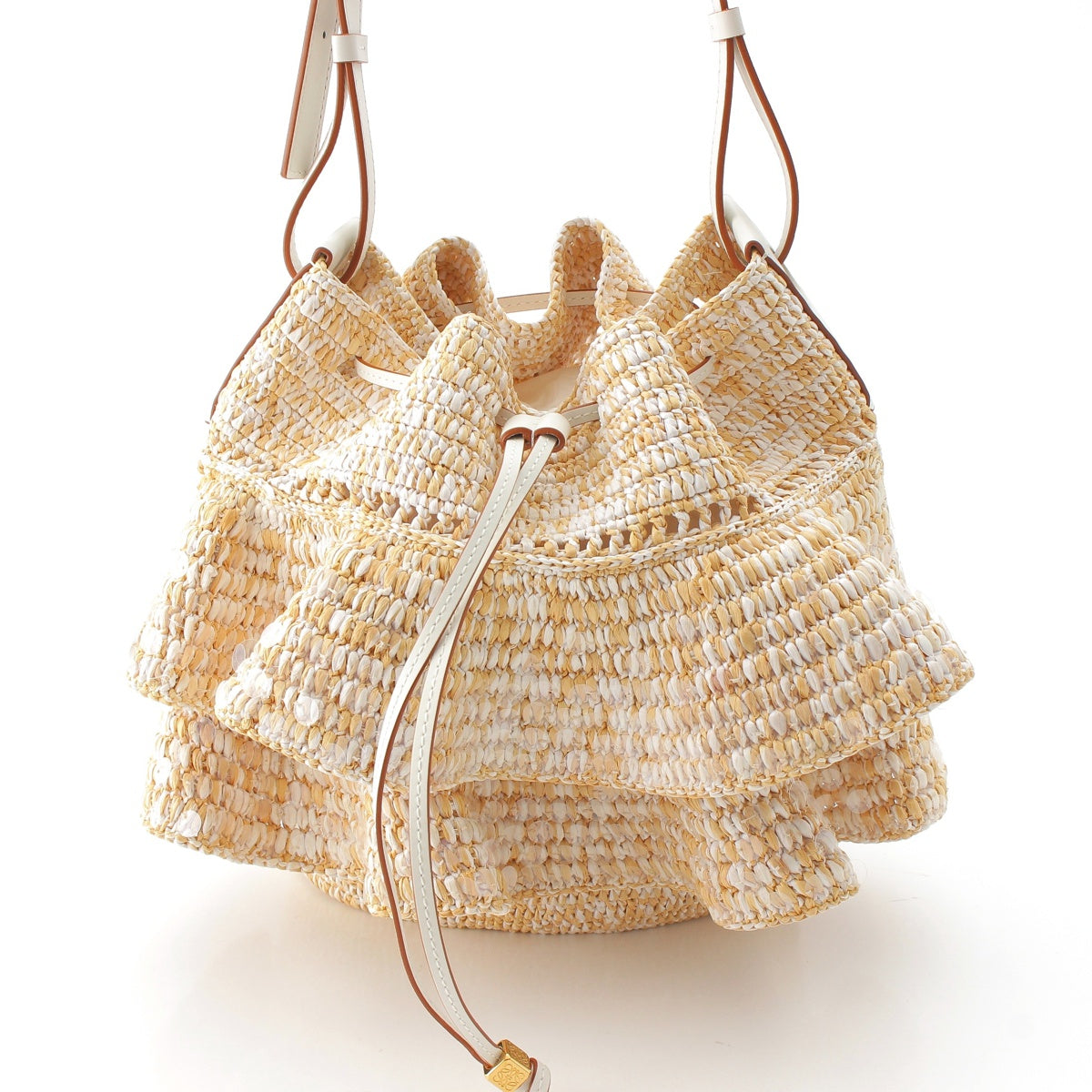 LOEWE BALLOON RUFFLES Raffia Tiered drawstring Shoulder Bag Basket bag A710P83X02  Beige white