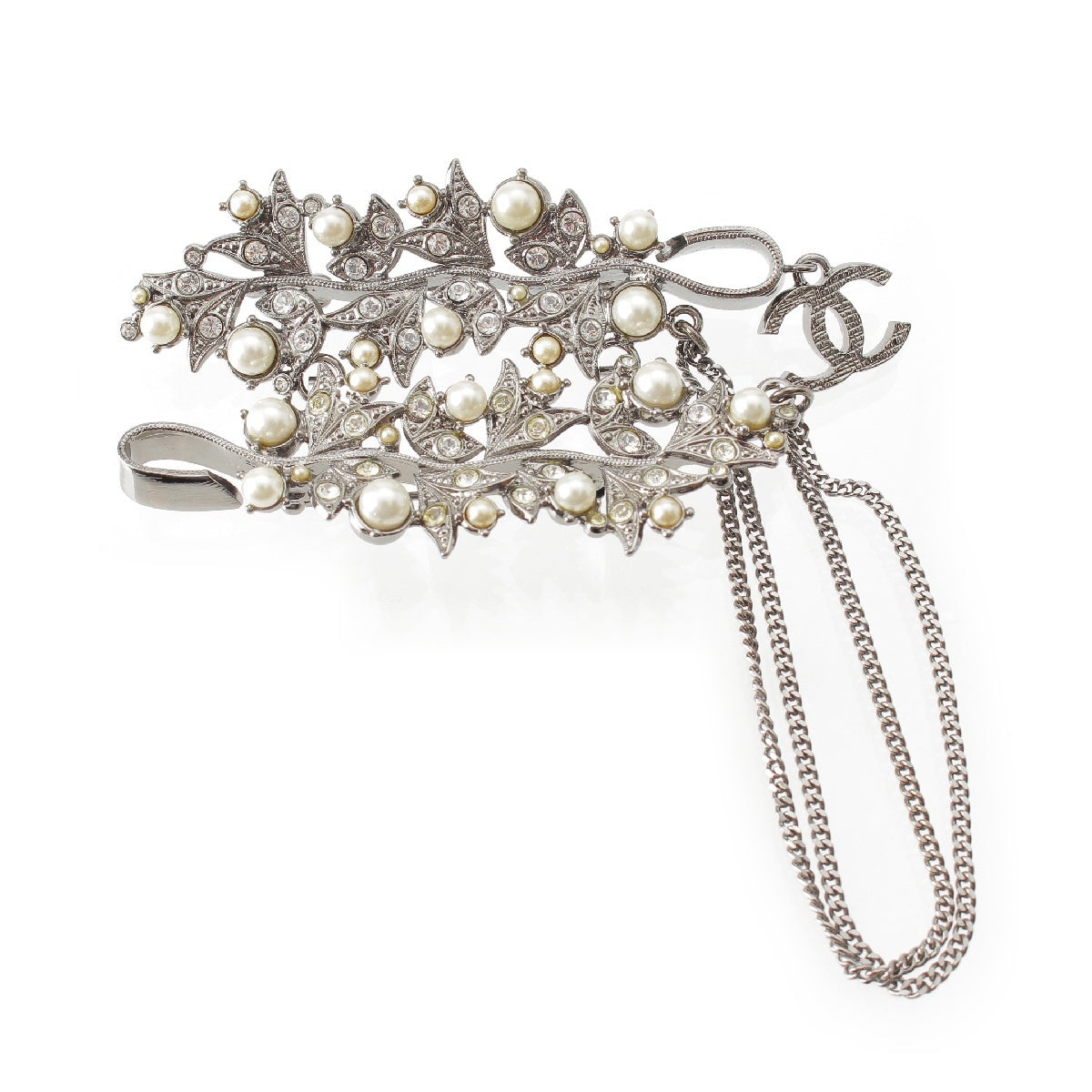 CHANEL 05A COCO Mark Crystal Pearl Flower Chain Double Brooch Silver