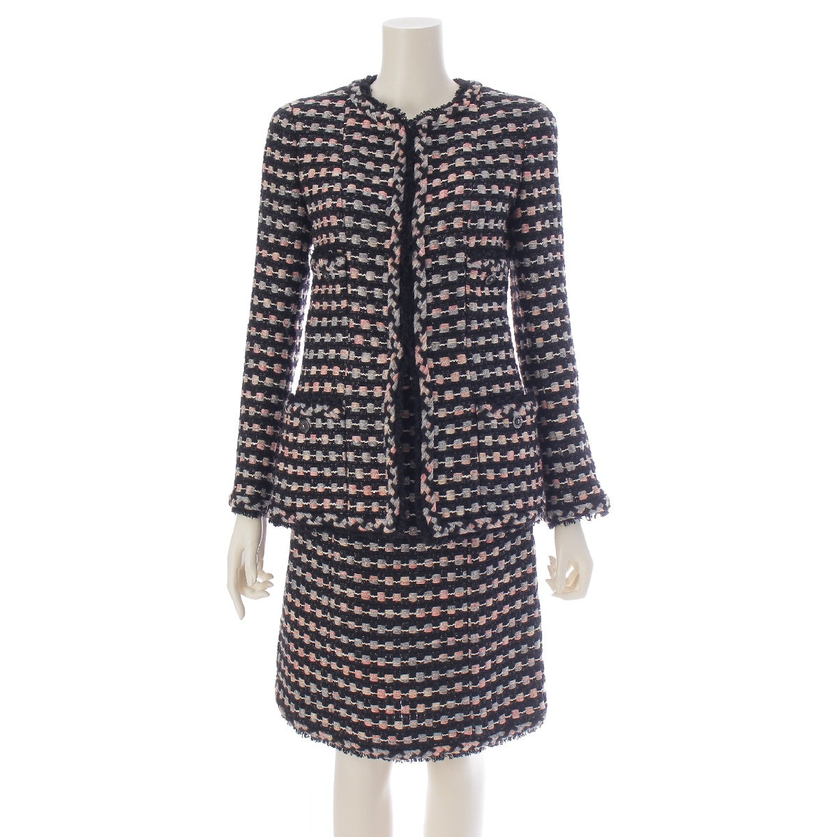 CHANEL Mixed Tweed COCO Mark logo no collar Skirt setup Jacket skirt P29834 Black pink 36