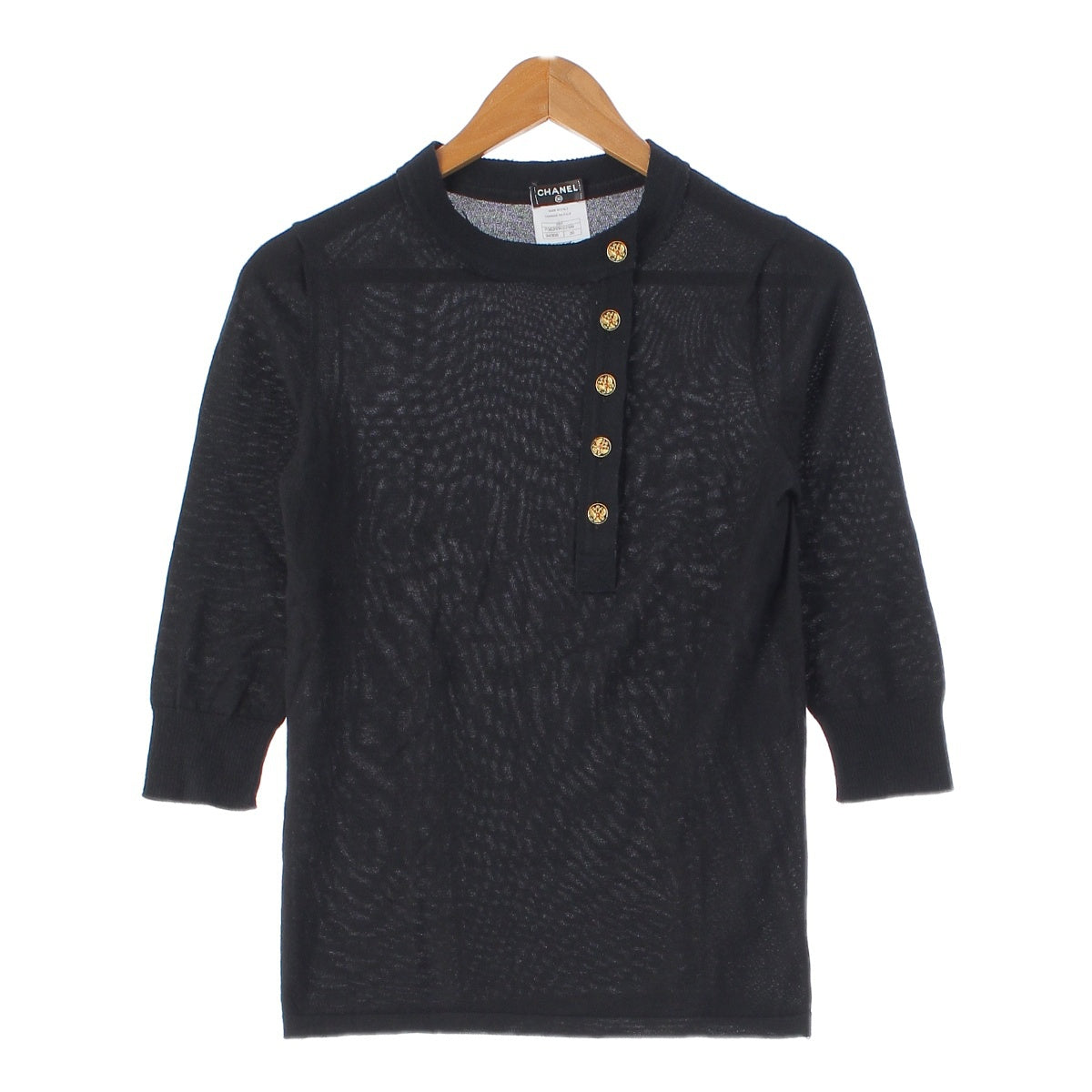 CHANEL 09A cashmere silk COCO Mark Bird Button 3/4 Sleeve knit Sweater tops P36217 black 36