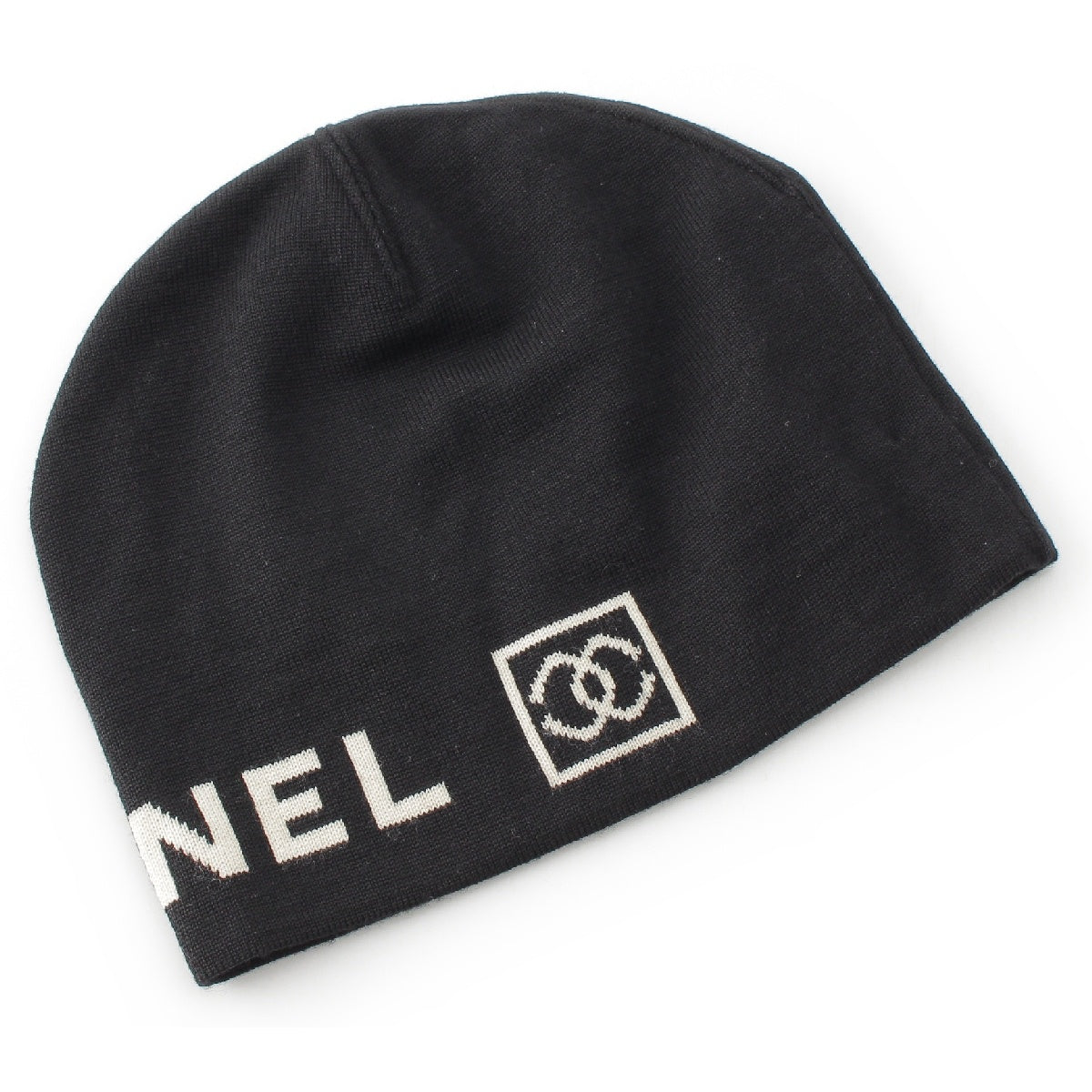 CHANEL Sports line wool Logo COCO Mark Knit cap Hat beanie Black White