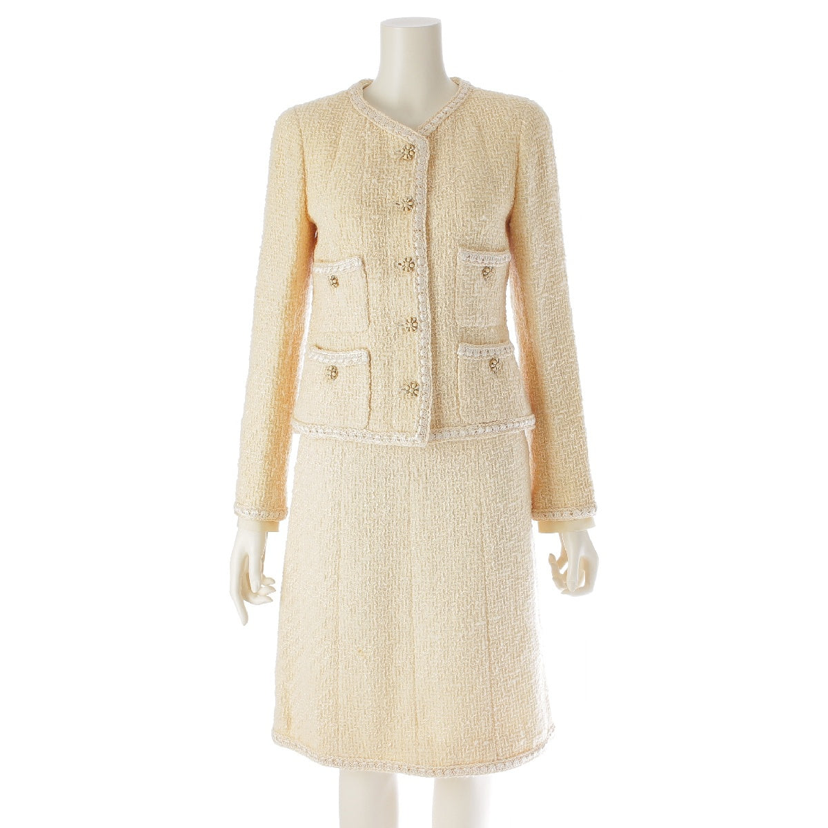 CHANEL 06A cotton COCO Mark Gripoa Tweed Trim Jacket Skirt setup No collar, 4 pockets P29157 beige 34