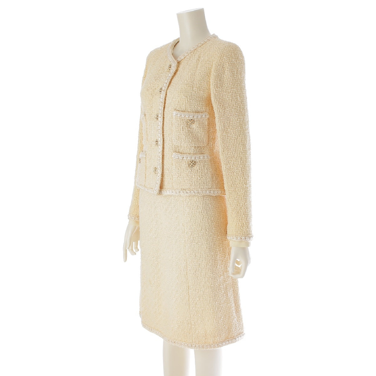 CHANEL 06A cotton COCO Mark Gripoa Tweed Trim Jacket Skirt setup No collar, 4 pockets P29157 beige 34