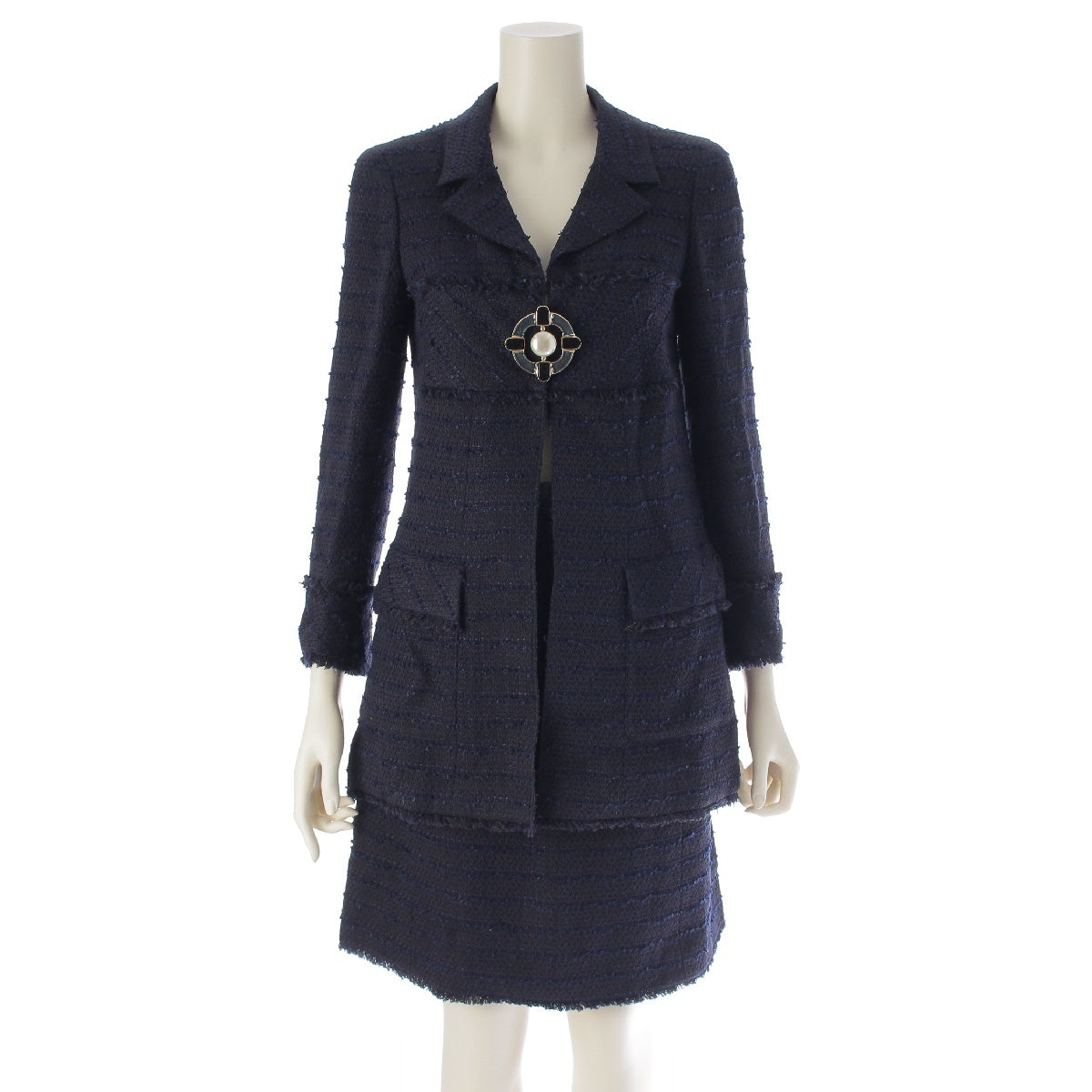 CHANEL 07A cotton COCO Mark Pearl Gripoa Big Brooch Tweed Jacket Skirt setup Long length P31329/P31379 Navy 36