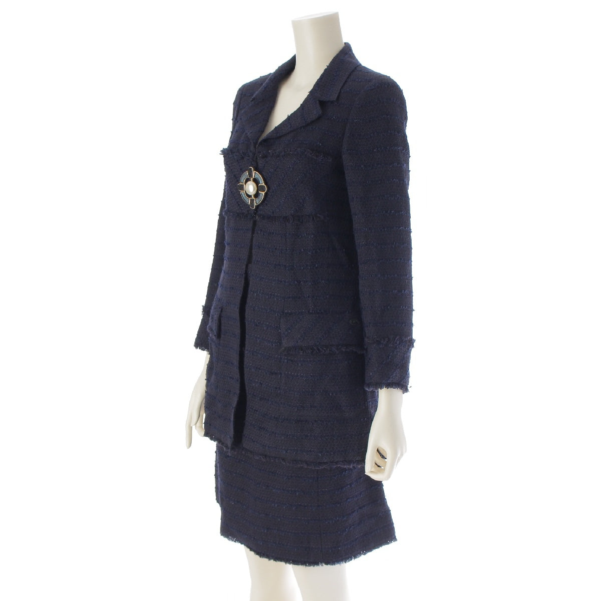 CHANEL 07A cotton COCO Mark Pearl Gripoa Big Brooch Tweed Jacket Skirt setup Long length P31329/P31379 Navy 36