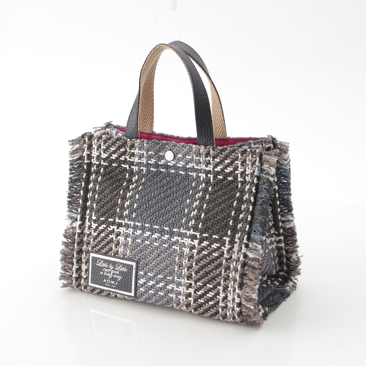 ADMJアクセソワ tweed Leather Fringe Check Pattern Tote Bag 23AW01027  Navy x gray