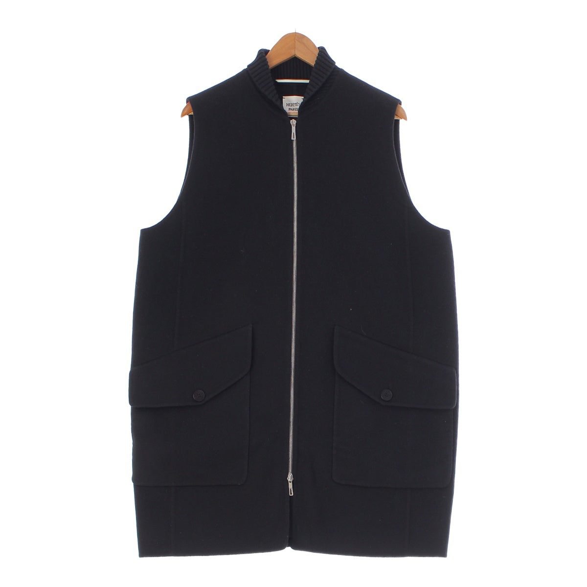 HERMES cashmere Zip-up Long Best Gilet Coat Sleeveless Jacket black 44