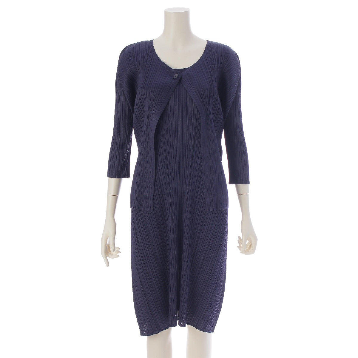 PLEATS PLEASE ISSEY  14Stainless Steel 3/4 length cardigan sleeveless one piece setup ensemble PP41-JH204/PP41-JH205 Navy 3