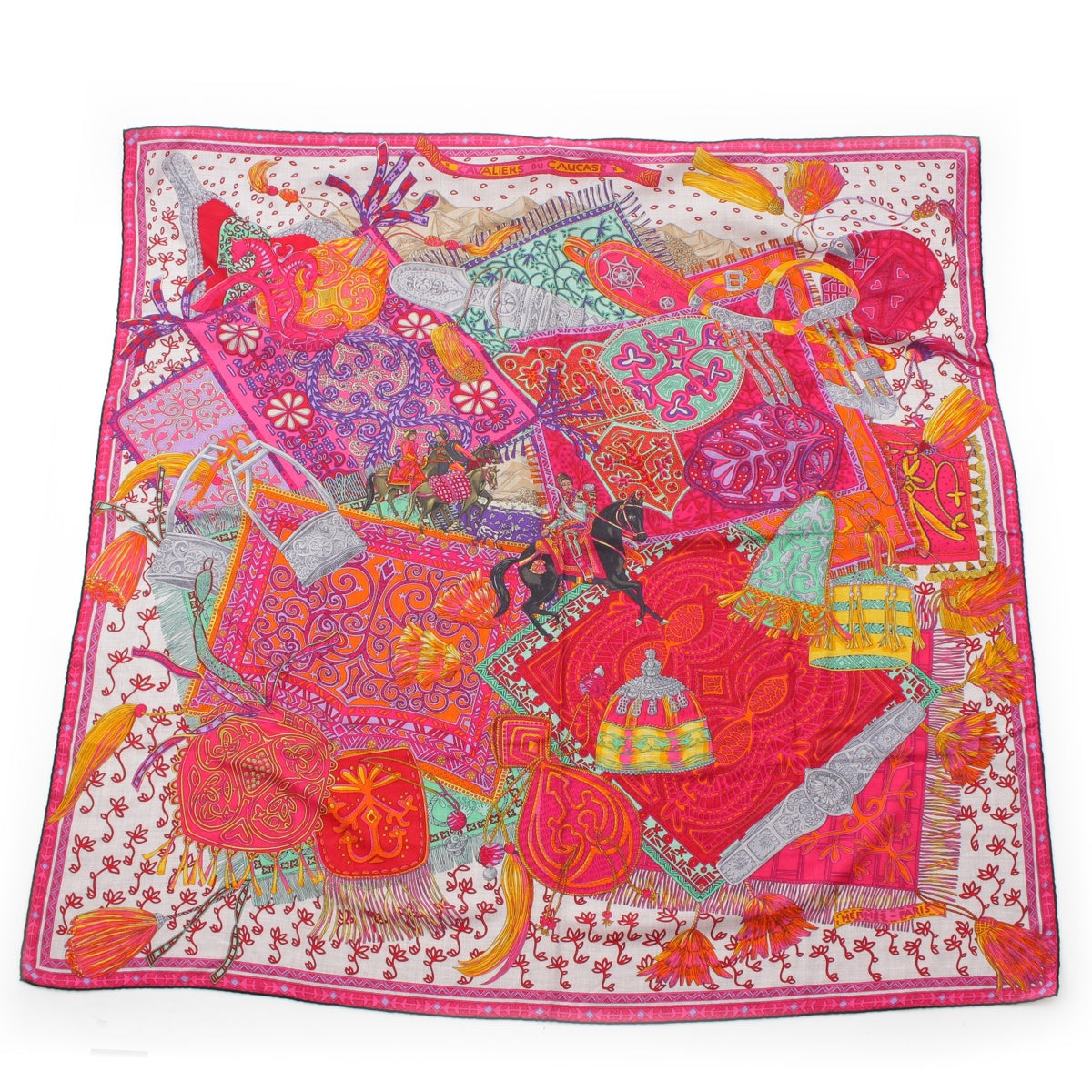 HERMES Calegean 140 Cassisil cashmere silk Cavaliers du Caucase, Large scarf Stall shawl pink