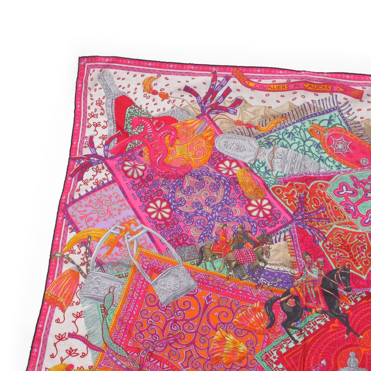 HERMES Calegean 140 Cassisil cashmere silk Cavaliers du Caucase, Large scarf Stall shawl pink