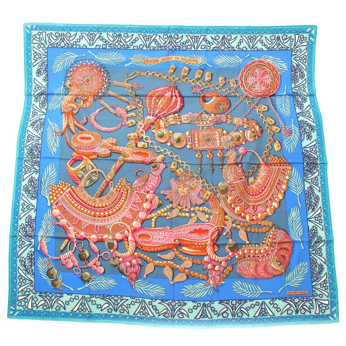 HERMES Calegean 140 Cassisil cashmere silk Zenobie Reine de Palmyre Zenobia, Queen of Palmyra scarf blue