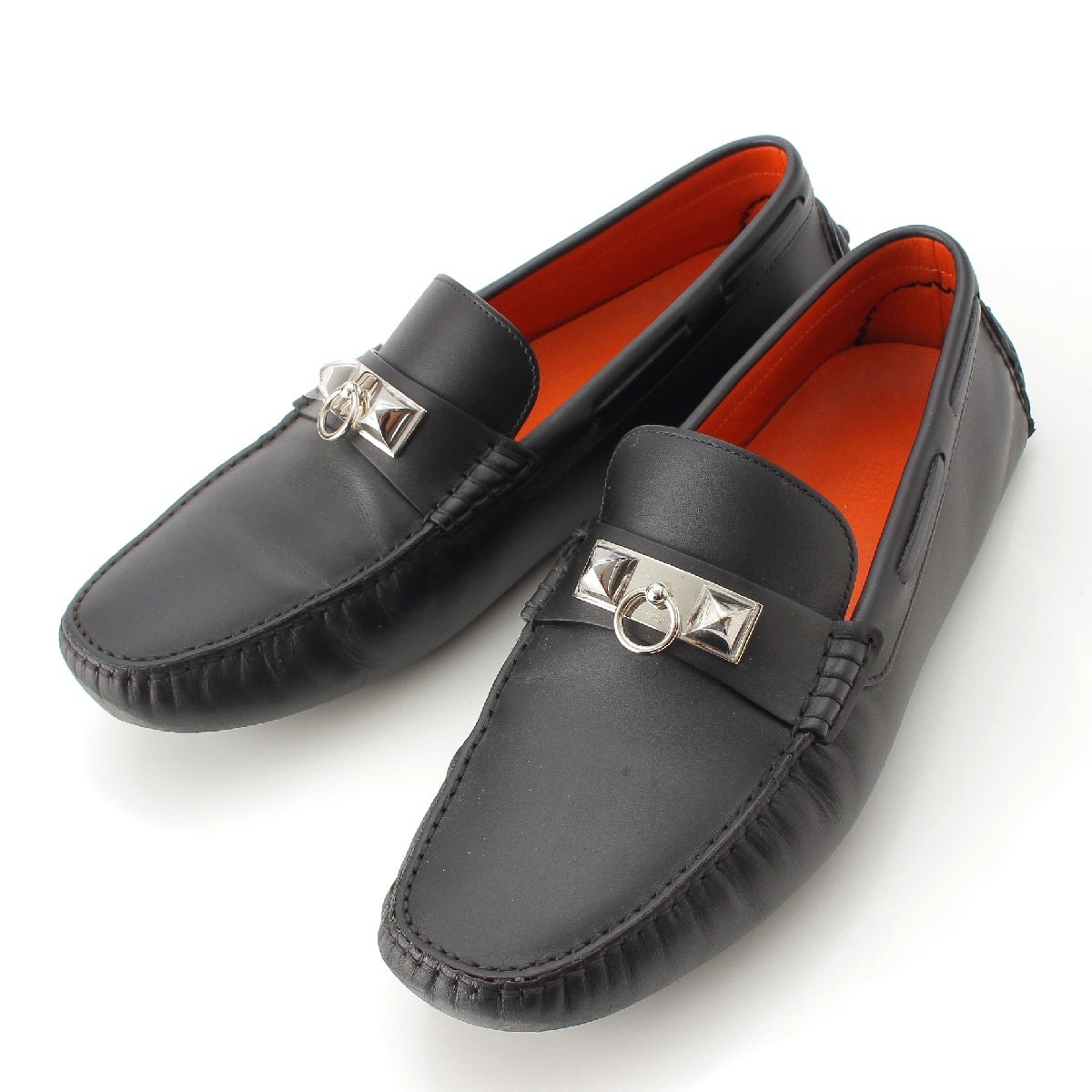 HERMES Medor Irving Calfskin leather SilverMetal Driving Shoes Slip-On Double Studs Moccasins loafers black 42