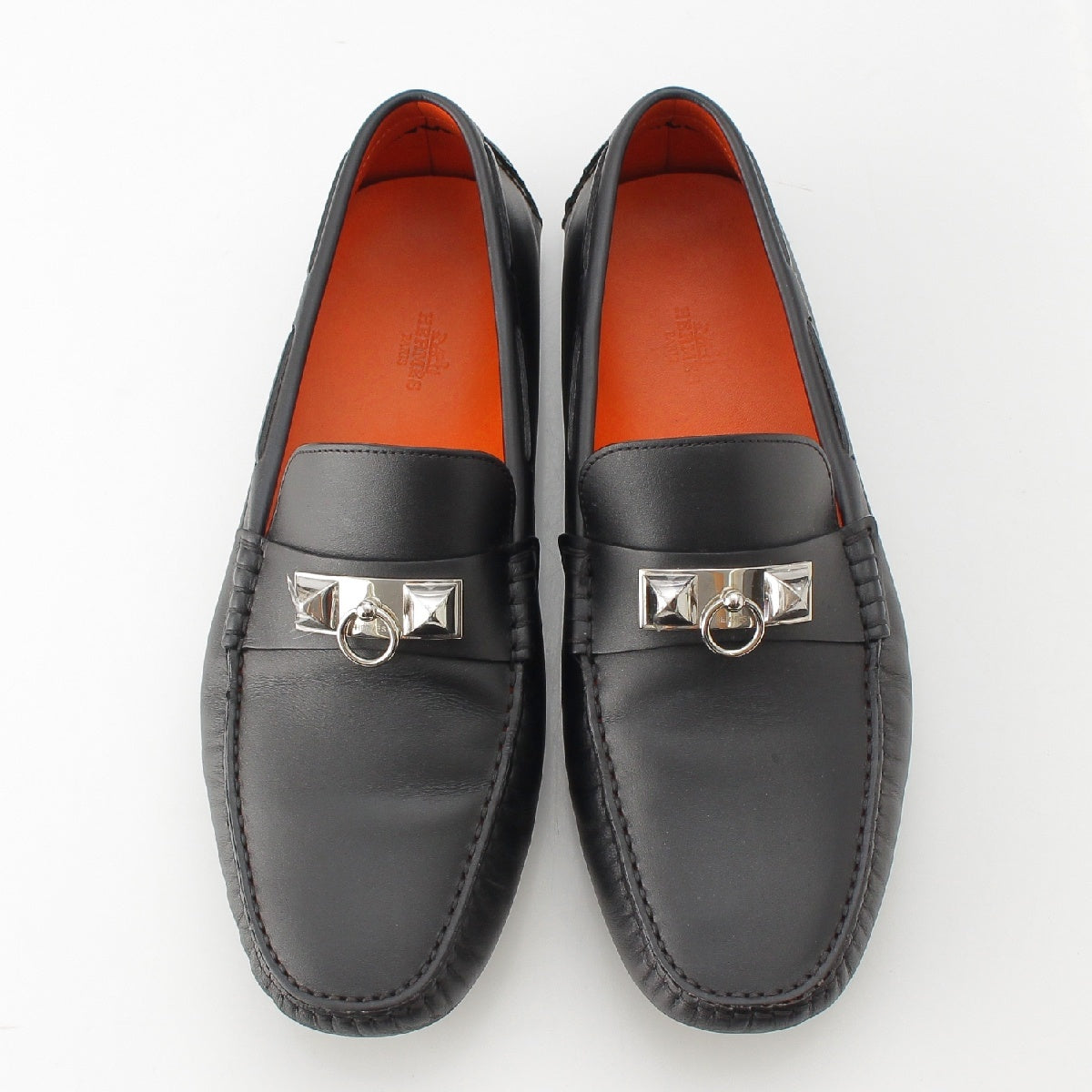 HERMES Medor Irving Calfskin leather SilverMetal Driving Shoes Slip-On Double Studs Moccasins loafers black 42