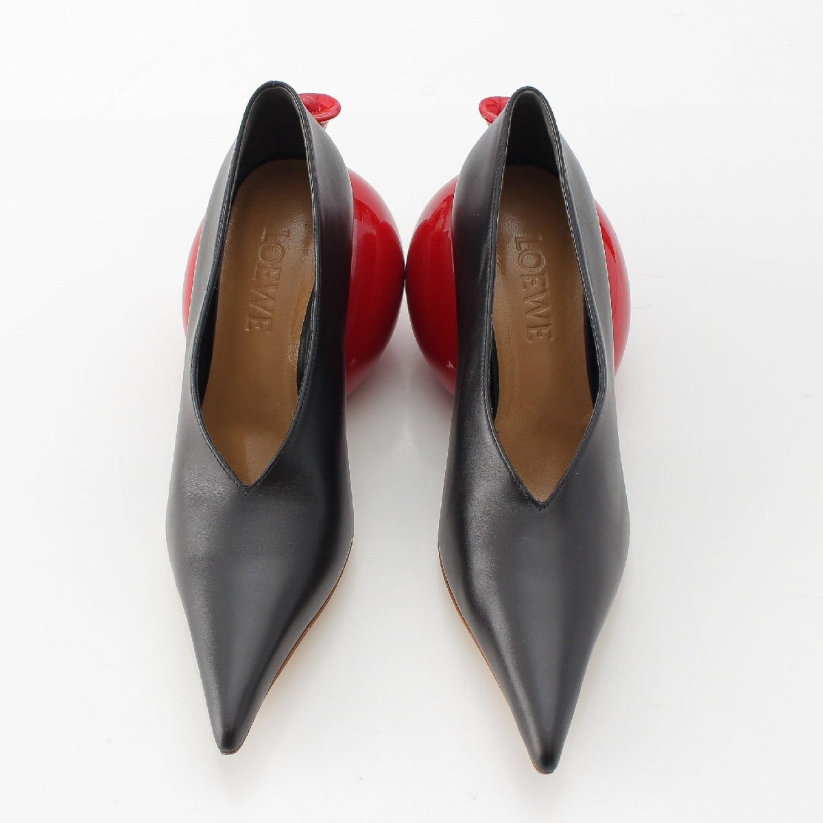 LOEWE leather Balloon V-neck Pointed toe pumps L814S01X46 Black red 36