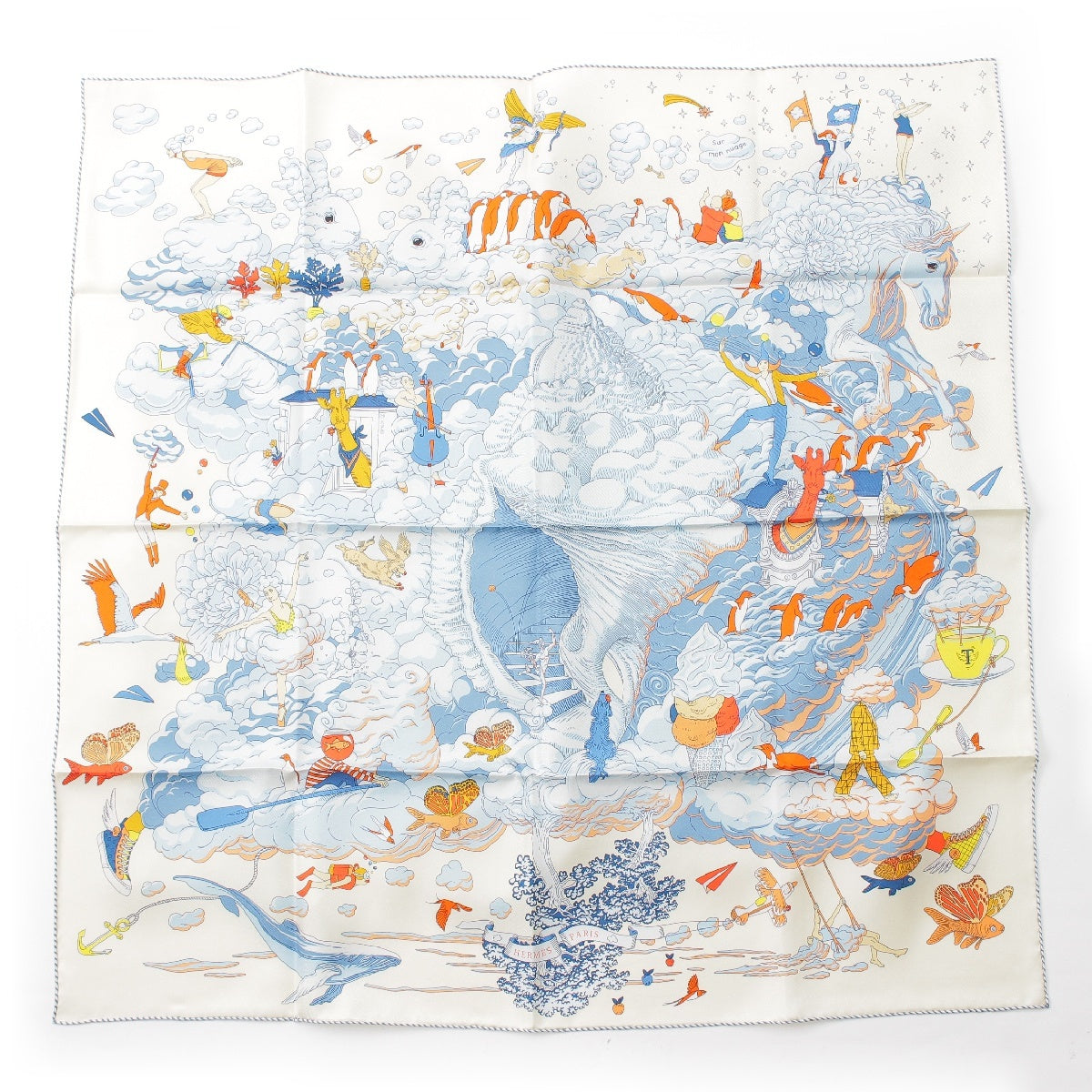 HERMES Calendar 90 SUR MON NUAGE My Cloud silk scarf Stall white