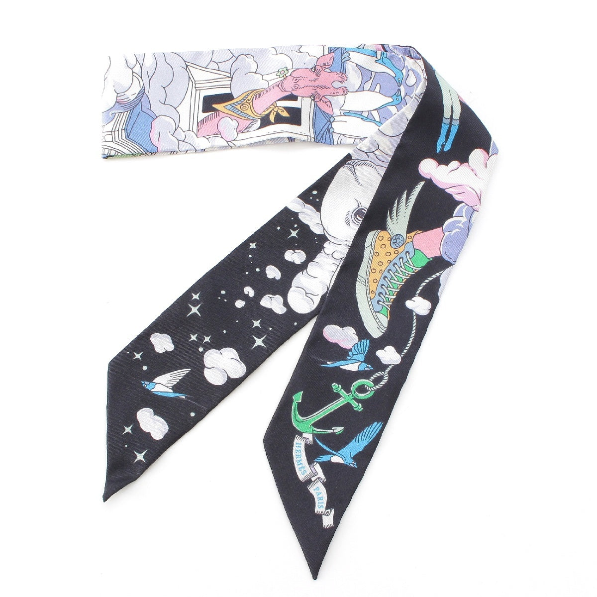 HERMES Twilly silk SUR MON NUAGE my clouds scarf Stall shawl black