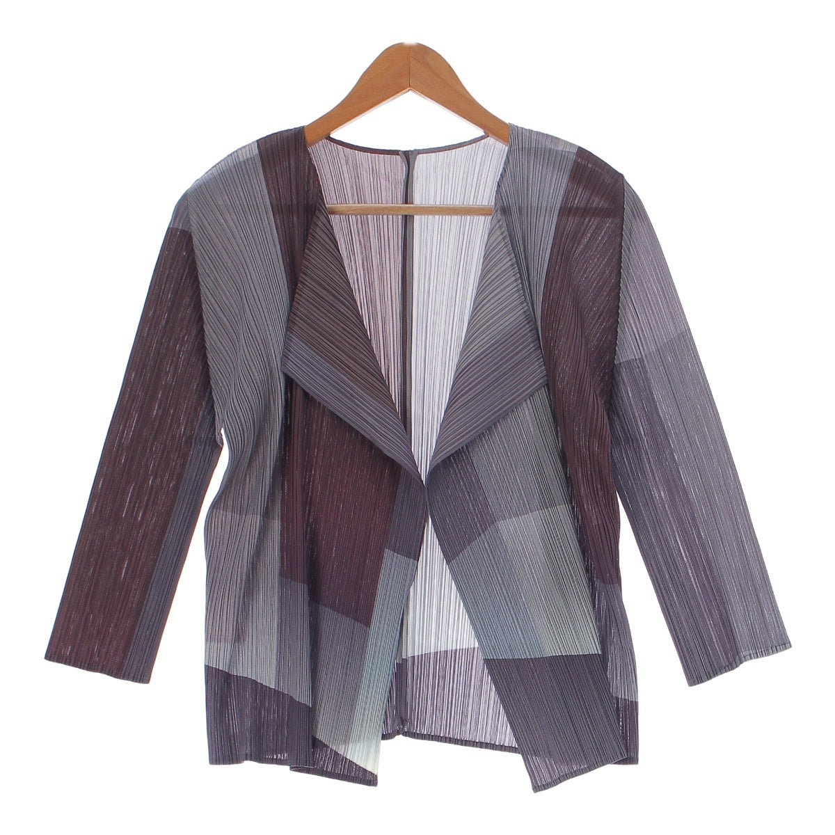 PLEATS PLEASE All-over check pattern, 3/4 length cardigan tops PP13-JO804 Gray brown 3