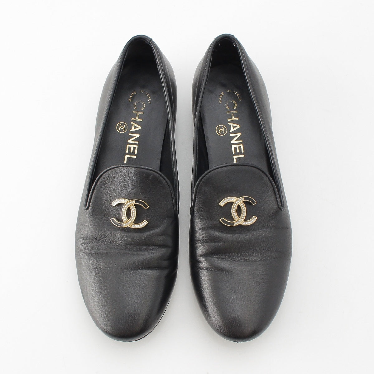 CHANEL leather COCO Mark rhinestone loafers Opera Shoes Flat Pumps G32948  black 36