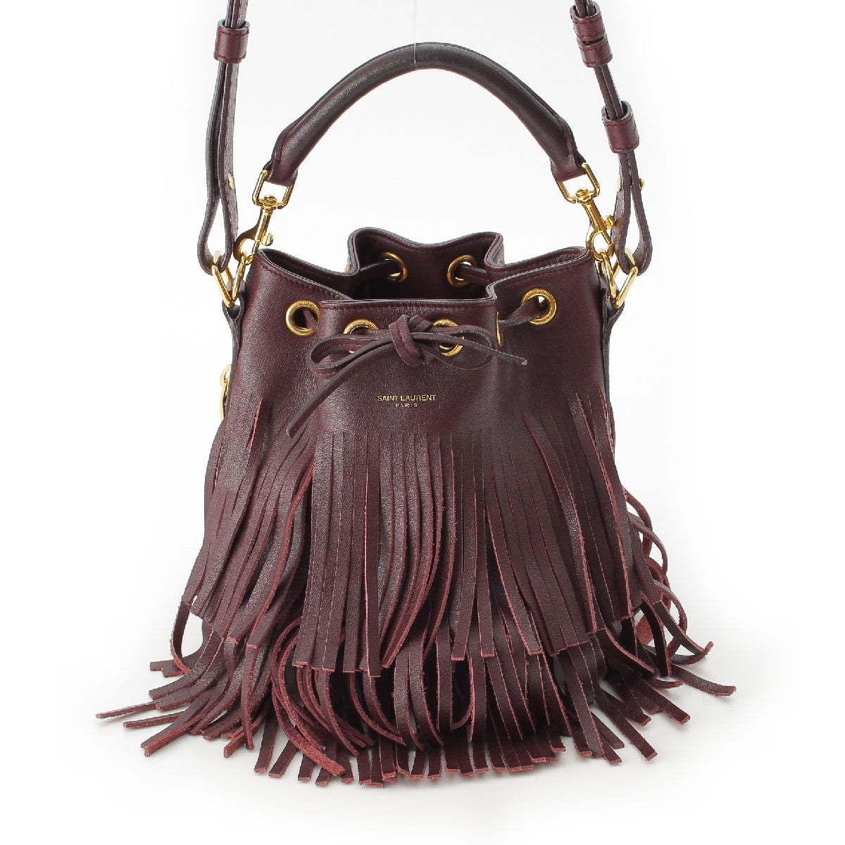 SAINT LAURENT Emmanuel leather Fringe Drawstring Top Handle 2WAY Shoulder Bag bucket 357603  Burgundy