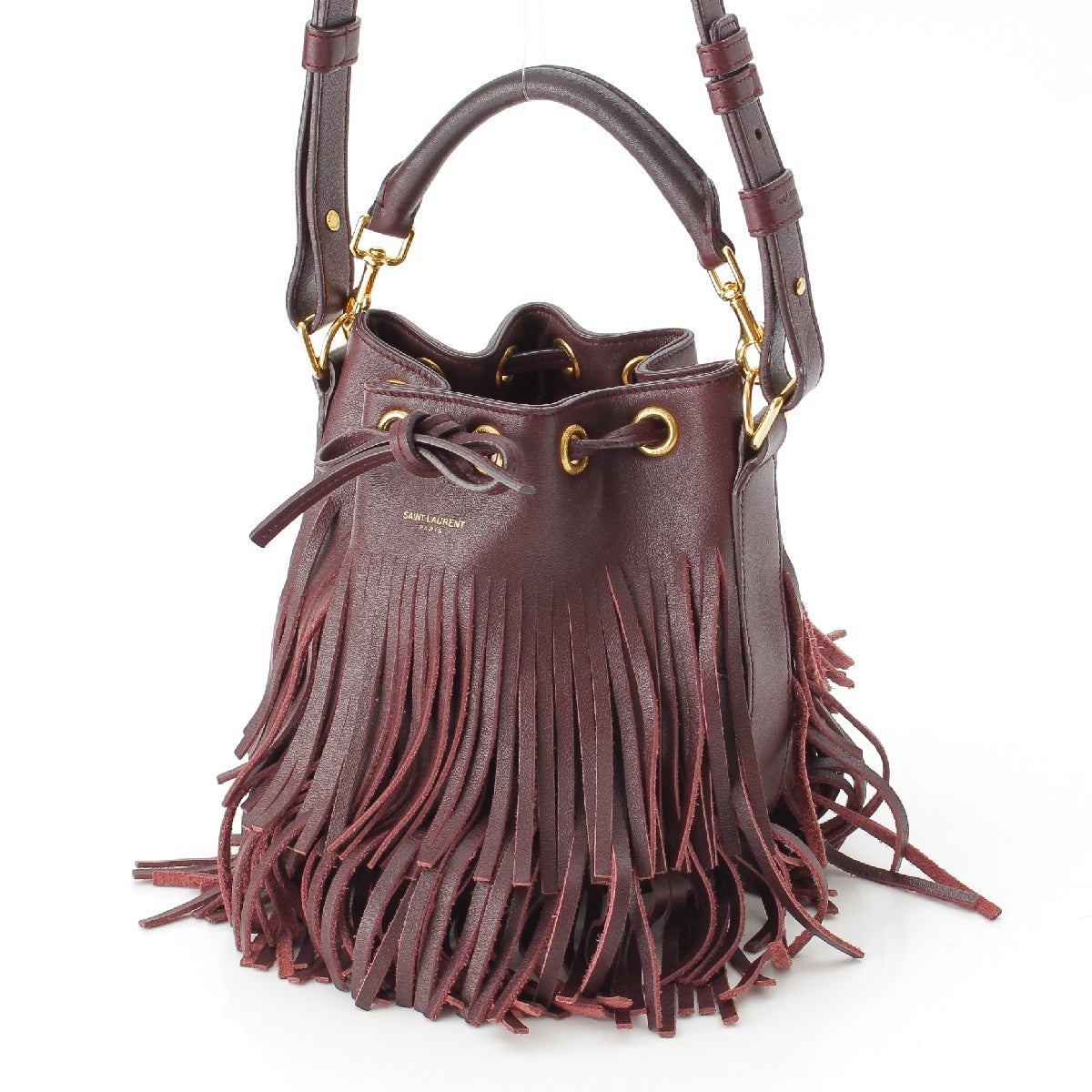 SAINT LAURENT Emmanuel leather Fringe Drawstring Top Handle 2WAY Shoulder Bag bucket 357603  Burgundy