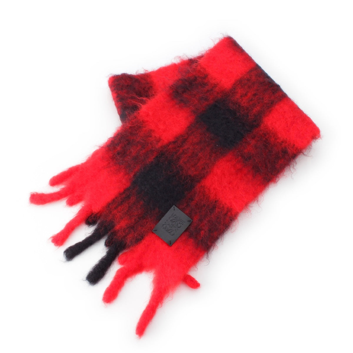 LOEWE Mohair Wool Logo Patch Anagram Check Fringe Scarf Stall Red