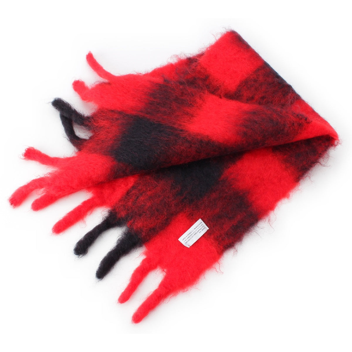 LOEWE Mohair Wool Logo Patch Anagram Check Fringe Scarf Stall Red