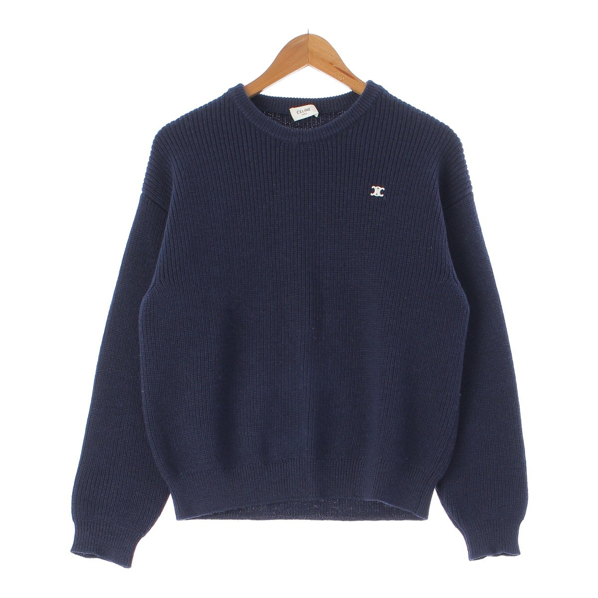 CELINE wool Triomphe logo embroidered crew neck sweater knit Navy S