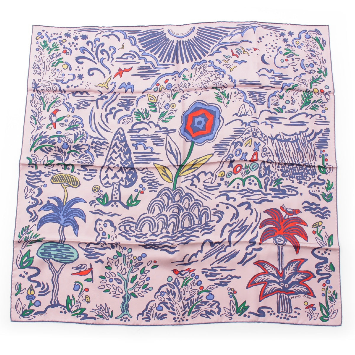 HERMES Calle 90 ISOLA DI PRIMAVERA Spring Island silk scarf Stall pink