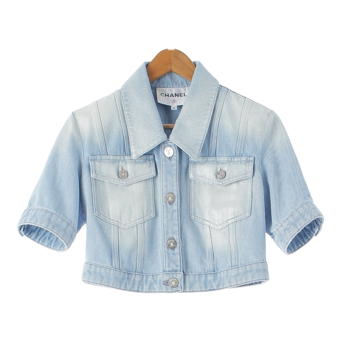 CHANEL 24AW cotton Iridescent Wash Coating Denim Jacket P76208  Ice blue 36