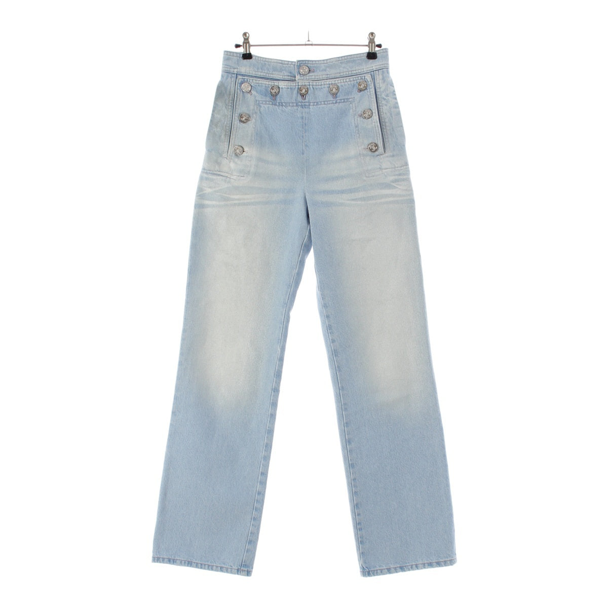 CHANEL washed denim COCO Mark Button Iridescent Coating Marine Pants Bottoms P76228 Ice blue 34