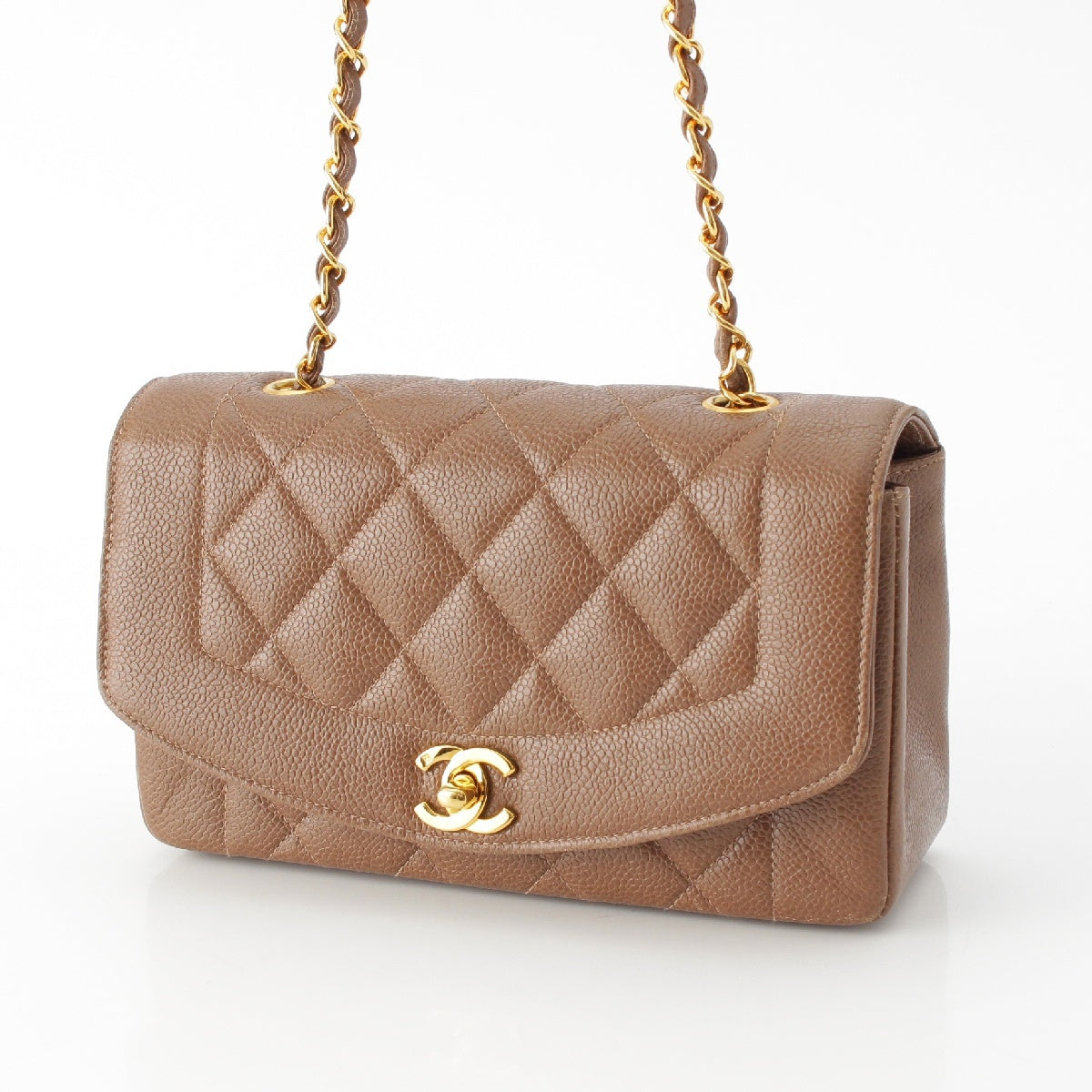 CHANEL 3rd stand Matrasse Diana 22 Caviar skin Single flap Chain Shoulder Bag Gold Metal Brown